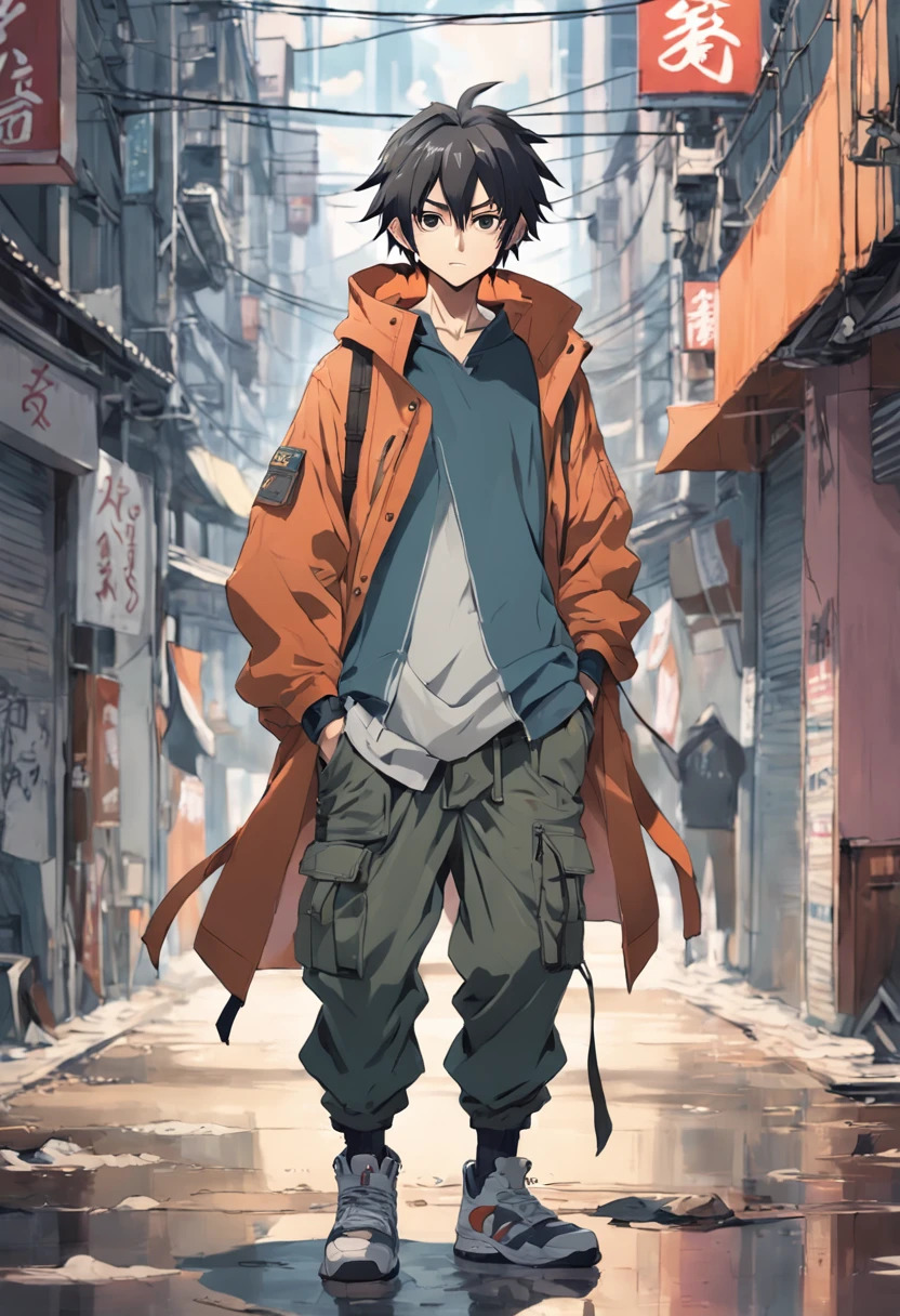 full body anime image of a male, wears parka, baggy cargo pants and jordan shoes, ((samuraipunk, streetwear)), artstation, muted colors, dystopian background, (art style of makoto shinkai)