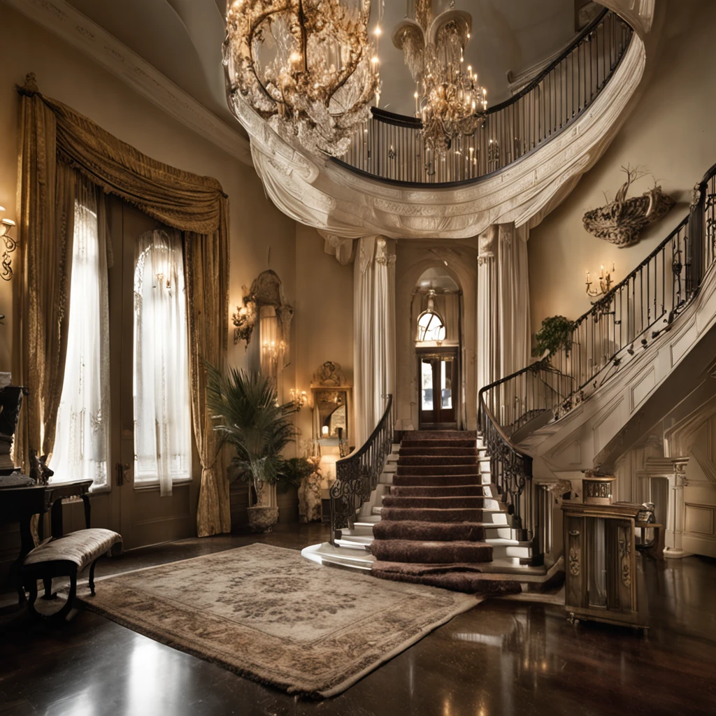 Create an awe-inspiring image of a grand foyer with a wide panel entrance. ((In the center, a majestic staircase leads upwards)), with one branch to the right and another to the left, merging gracefully at the second-floor landing. Above, a magnificent, intricate chandelier dangles from the ceiling, casting a soft, ethereal glow. On the walls, antique candle-holders, covered in delicate spiderwebs, stand dormant. The foyer is adorned with dusty, time-worn portraits and tattered drapes that add an air of mystery and nostalgia.