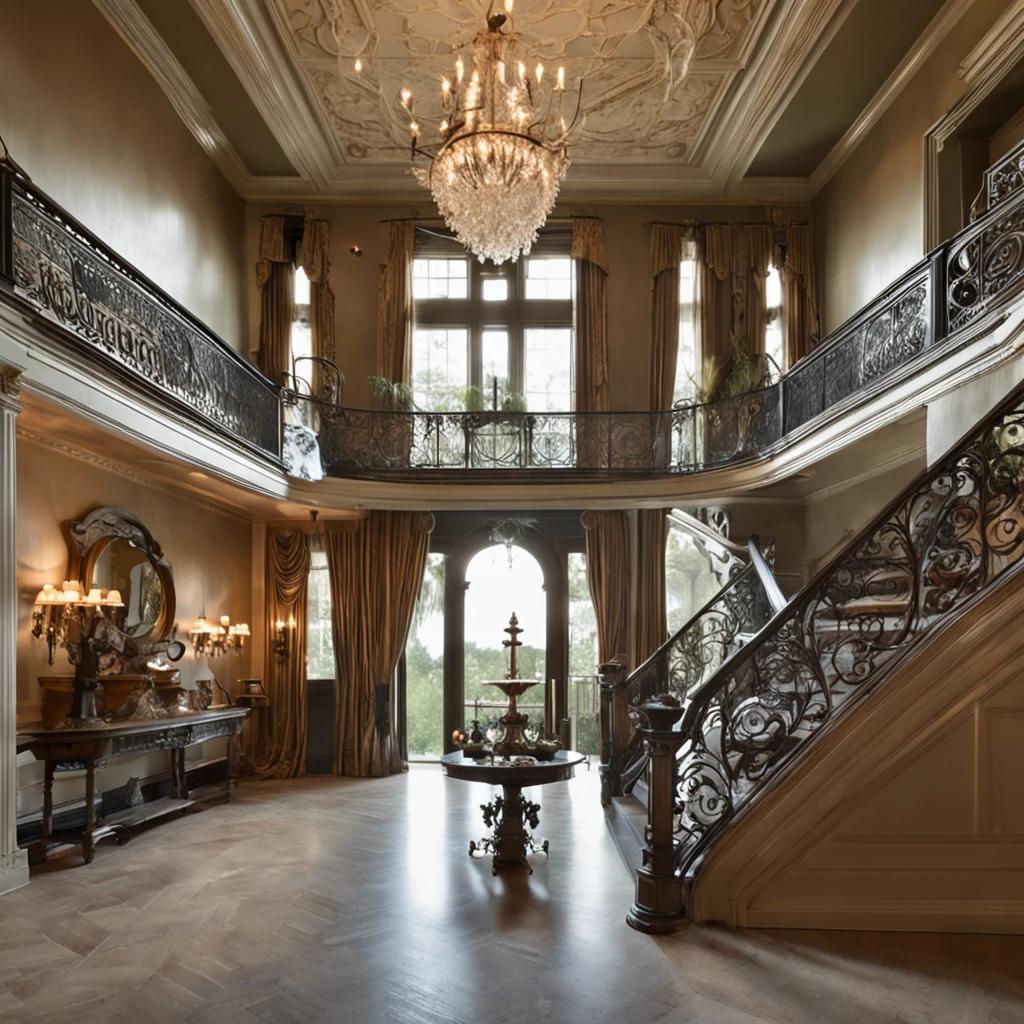 Create an awe-inspiring image of a grand foyer with a wide panel entrance. ((In the center, a majestic staircase leads upwards)), with one branch to the right and another to the left, merging gracefully at the second-floor landing. Above, a magnificent, intricate chandelier dangles from the ceiling, casting a soft, ethereal glow. On the walls, antique candle-holders, covered in delicate spiderwebs, stand dormant. The foyer is adorned with dusty, time-worn portraits and tattered drapes that add an air of mystery and nostalgia.