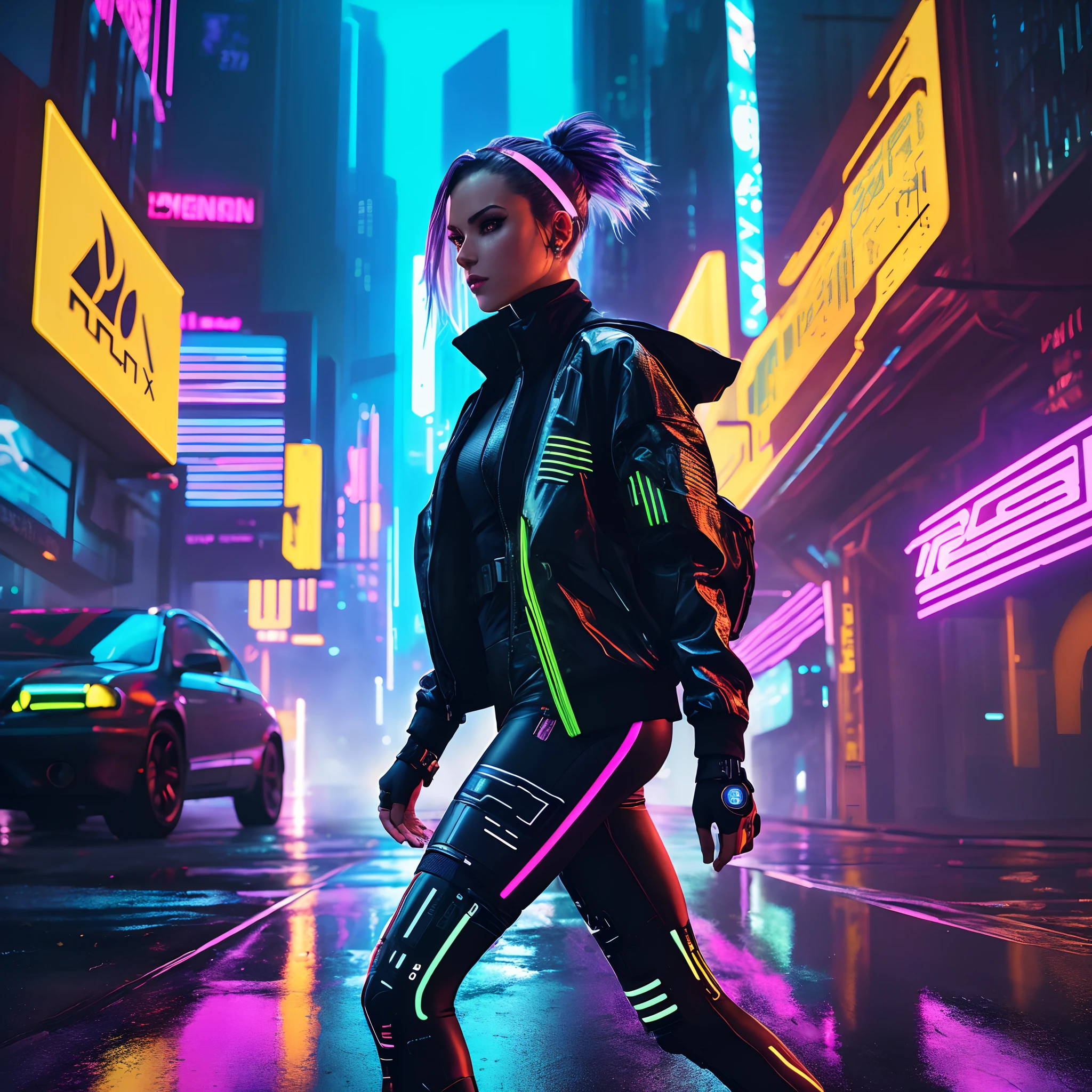 Sleek cyberpunk runner, neon-drenched metropolis, female protagonist, cyber-enhancements, reflective visor, holographic tattoos, dynamic pose, mid-stride action, futuristic cityscape, rain-soaked streets, cascading neon signs, vibrant reflections, intense atmosphere, dramatic vignette, urban color palette, lens flare, high contrast, gritty details, 35mm wide-angle lens, Sony Alpha 7S III