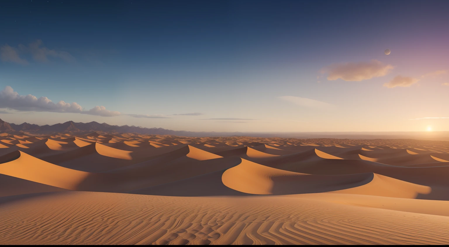 (Ocaso en el desierto, dunas interminables, luces y sombras) ,vista desde un punto alto, se ve un panorama amplio, brillo nocturno, vista lejana, realista, Warm and enveloping light, rico, Colores realistas, hermoso, Expansive photography, , Positive film, estilo naturalista, High Definition Filming,obra maestra, experta, Incredibly detailed, compositing, encuadre, centrada, simetry, pintada, intrincada, volumetric illumination, hermosa, rica obra maestra , foco nítido, ultra detallado, Super renderizado en octanaje renderizado, Renderizado en Cinema 4D, Renderizado en Cinema4D, creado en octane render, Render de octanaje colorido, renderizado en renderizado de octano, global ilumination. VFX, Renderizado en octanaje renderizado 32K, Renderizado en Cinema 4 D Octane, Incredible octane, Oct realista