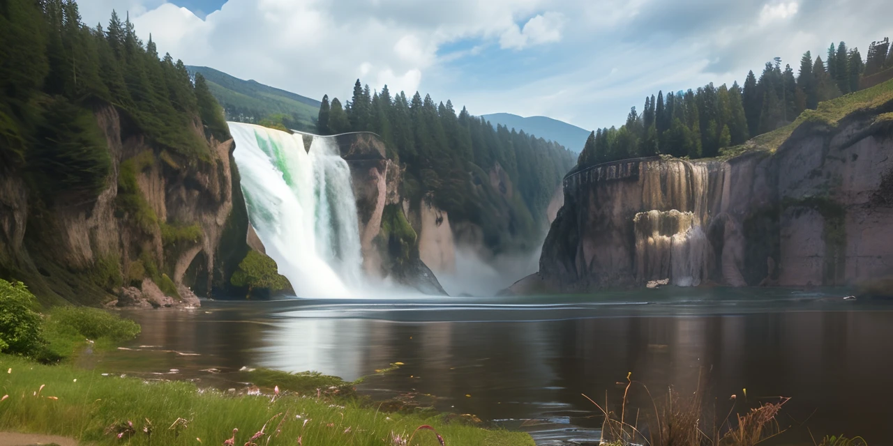 a hyper-realistic image, a high-quality photograph, a beautiful landscape, a river, (((waterfall))), trees, mountains on the horizon, pure blue sky with white clouds, (warm light:1.5), (snow:1.5), (sunset:1.5), (((to become night))), (((viewer's view at ground level))), (high resolution:1.5), Surrealism, Color Field painting, (16K:1.5), UHD, masterpiece, super detail, high details, high quality, award winning, best quality, highres, 1080P, HD, 16k