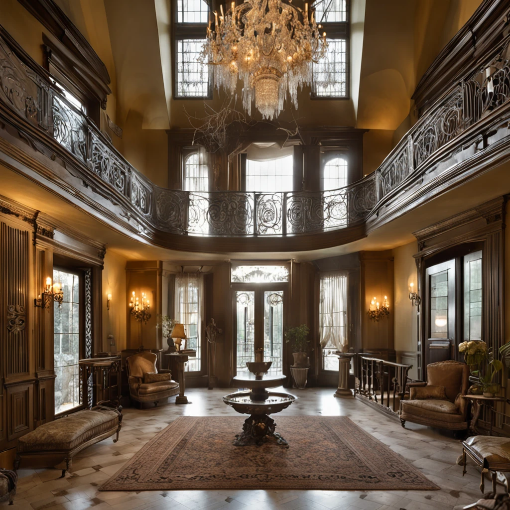 Create an awe-inspiring image of a grand foyer with a wide panel entrance. ((In the center, a majestic staircase leads upwards)), with one branch to the right and another to the left, merging gracefully at the second-floor landing. Above, a magnificent, intricate chandelier dangles from the ceiling, casting a soft, ethereal glow. On the walls, antique candle-holders, covered in delicate spiderwebs, stand dormant. The foyer is adorned with dusty, time-worn portraits and tattered drapes that add an air of mystery and nostalgia.