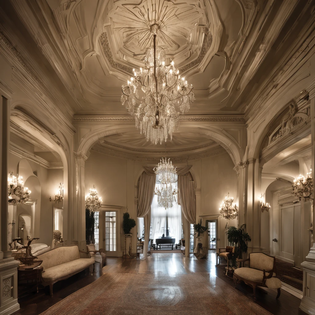 Create an awe-inspiring image of a grand foyer with a wide panel entrance. ((In the center, a majestic staircase leads upwards)), with one branch to the right and another to the left, merging gracefully at the second-floor landing. Above, a magnificent, intricate chandelier dangles from the ceiling, casting a soft, ethereal glow. On the walls, antique candle-holders, covered in delicate spiderwebs, stand dormant. The foyer is adorned with dusty, time-worn portraits and tattered drapes that add an air of mystery and nostalgia.