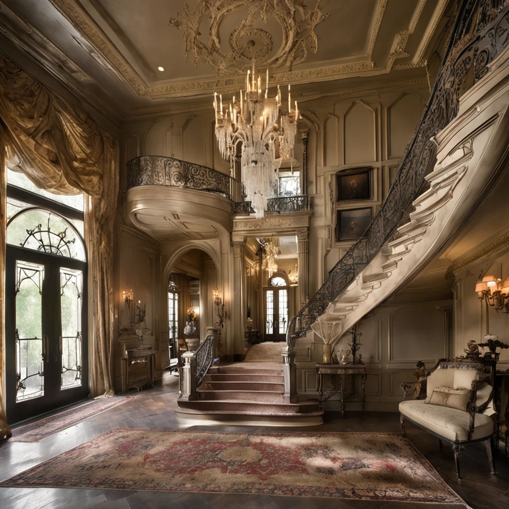 Create an awe-inspiring image of a grand foyer with a wide panel entrance. ((In the center, a majestic staircase leads upwards)), with one branch to the right and another to the left, merging gracefully at the second-floor landing. Above, a magnificent, intricate chandelier dangles from the ceiling, casting a soft, ethereal glow. On the walls, antique candle-holders, covered in delicate spiderwebs, stand dormant. The foyer is adorned with dusty, time-worn portraits and tattered drapes that add an air of mystery and nostalgia.