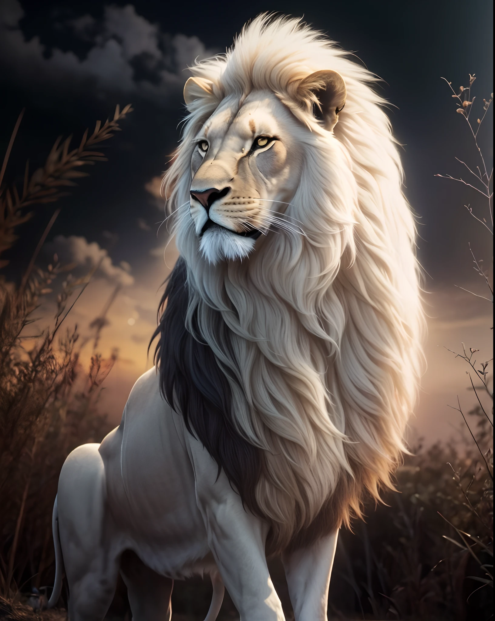 Lion, leone, King, naturais, Natureza, Natureza, Linda, renderizado, fotorrealista, UltraHD, 4k, texturasdetalhadas, thunders, sombras detalhadas, cores detalhadas, por do sol, sol se pondo, Sunset, Natureza Linda, fundo preto, por do sol, contraste detalhado, contraste realista, alta resolução, cores detalhadas,