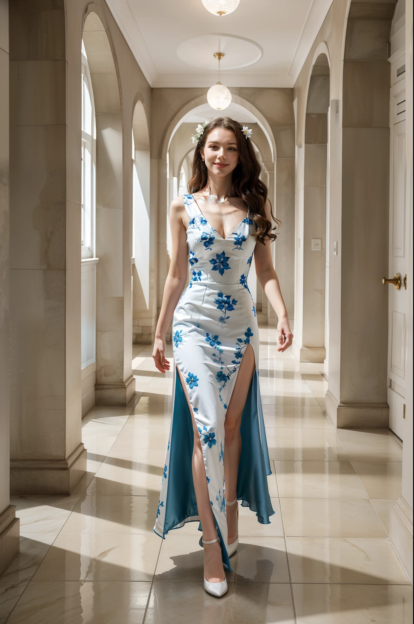 a Caucasian woman, wearing an elegant blue long dress with silk flowers, covering the floor, she has long wavy hair and green eyes, (closed smile), looking straight at the audience, head slightly tilted, walking on an asymmetrical stone floor, in the background secretly being watched in admiration, blue and white tones, futuristic palace hallway, flowers, (fantasy costume), throne, light hitting her, (movie lighting), white flowers, flash, ray tracing, low contrast,