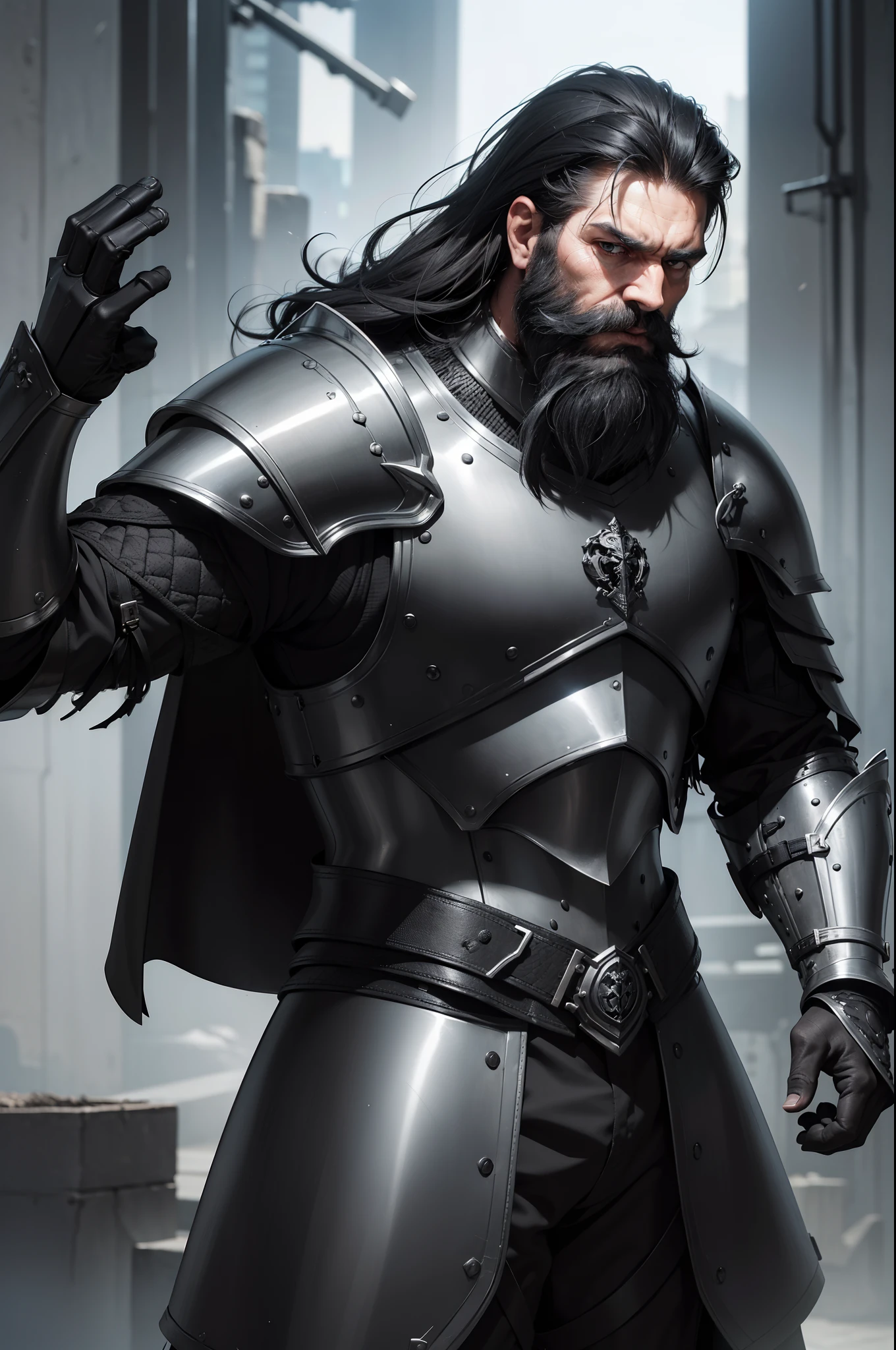 1 middleaged Man, alt, Gebrauchte ((armour)), ((schwarzes lockiges Haar)), ((large gray and black beard)), muscular, Narben im Gesicht, blaue Augen, Uraltes Schwert, powerful hands