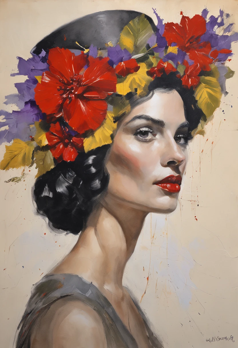 [Em uma folha de caderno de desenho com linhas azuis, A beautiful and intriguing woman looks at the viewer with a faint smile on her lips. Ela tem cabelos longos e escuros, que caem sobre os seus ombros. She wears a black hat adorned with red flowers, yellow and purple on the head. The hat contrasts with the white background of the leaf. The image is a true work of art of pencil painting, inspirada no estilo realista e detalhado de Diego Koi, um famoso artista italiano.]