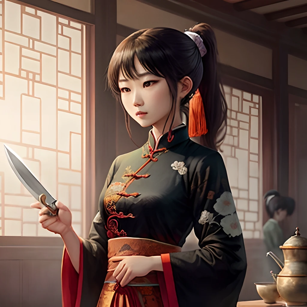Women with high ponytails,Anime style,Black Chinese antique clothes,Long knife in hand