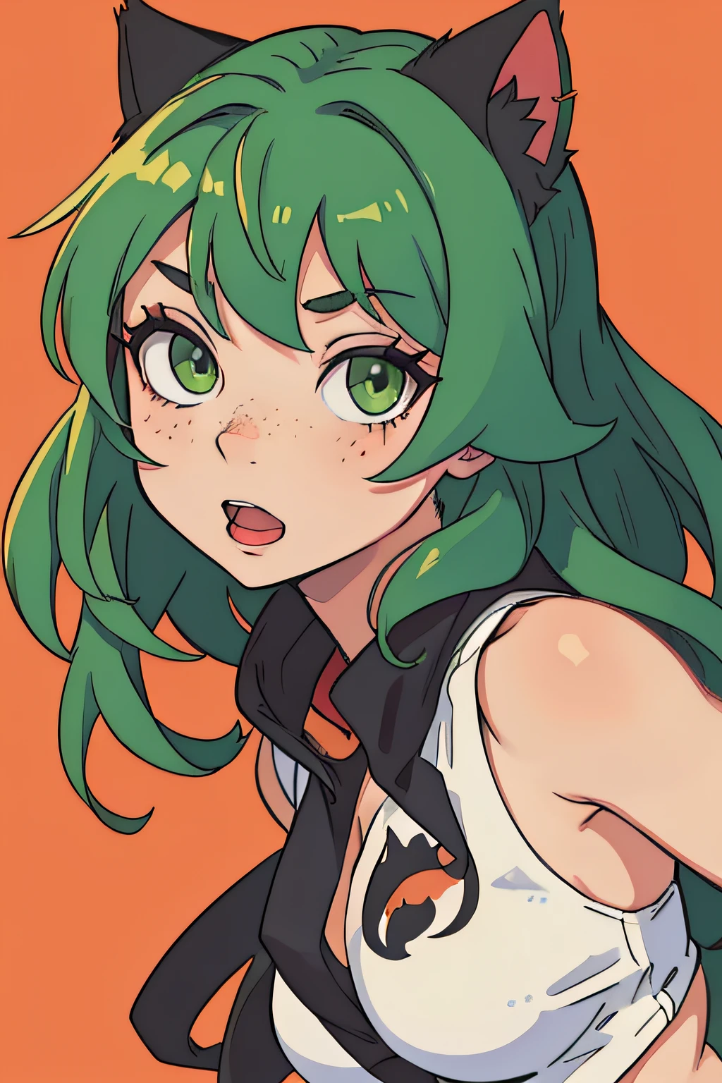 sexy hot anime character with a hot face half half cat brown hairy green eyes with freckles