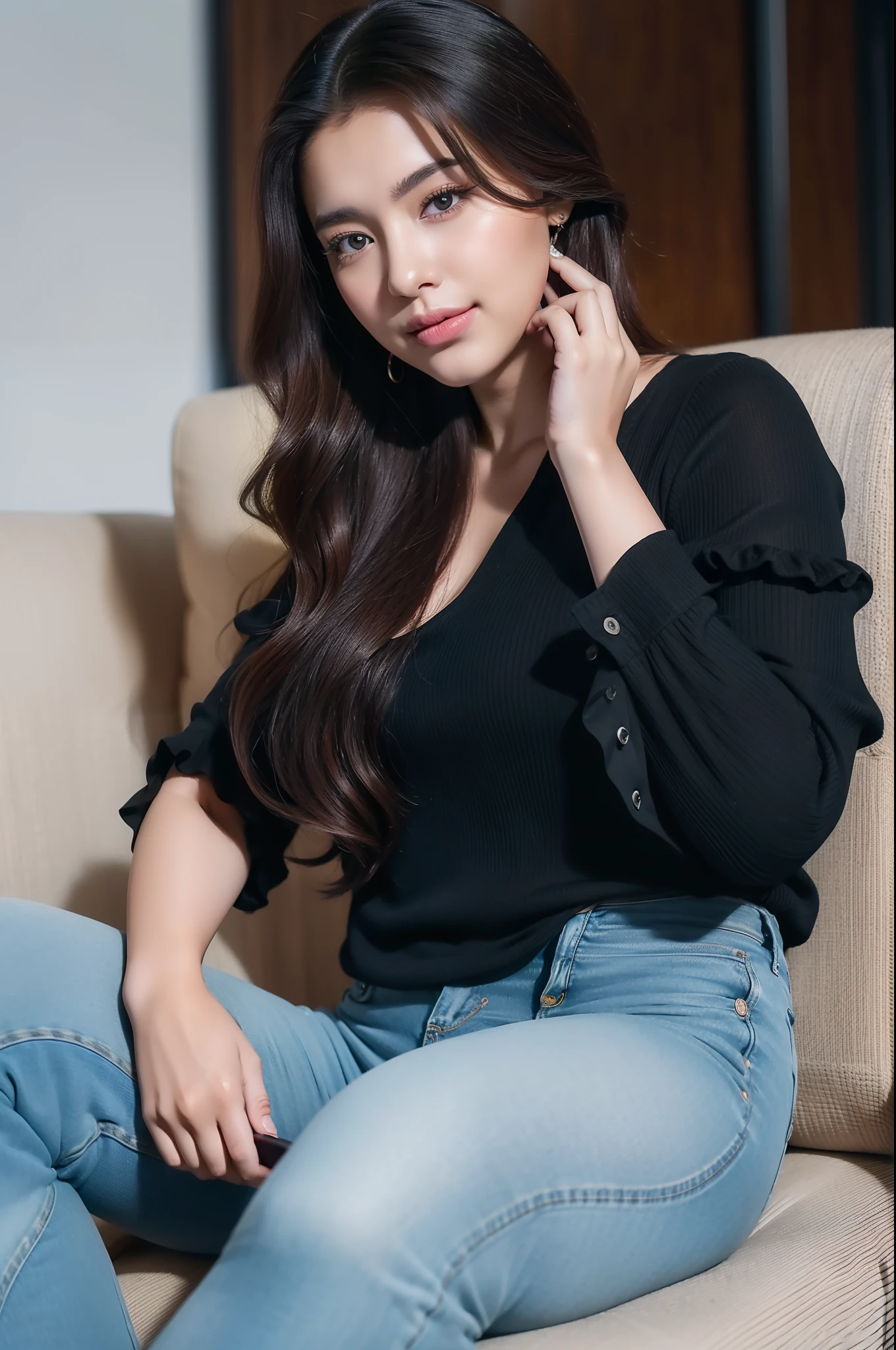ultra realistic 8k image of a 22 year old woman, ugly, wavy hair, chubby, latin features, dressed in a black blouse and jeans, looking excitedly at her cell phone sitting on the sofa