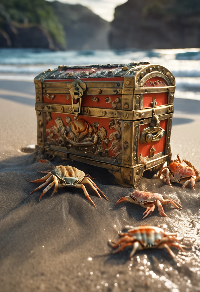treasure chest, standing on the sand under water, many details, detailed picture, nearby crabs and starfish lie on the sand also under water, the sun's rays illuminate the water with bright tints