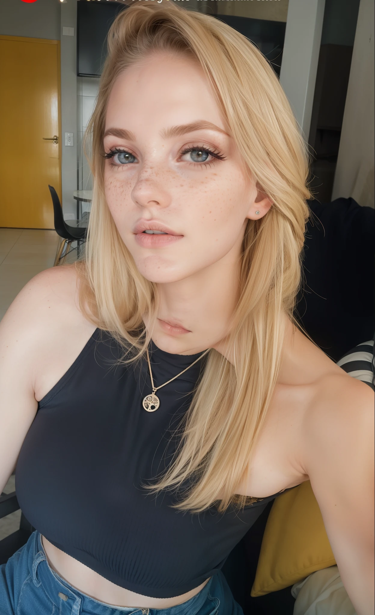 Rosto de uma mulher, americana, 25 anos, pale skin and freckles, olhos cinzas, nariz delicado, soft and delicate lips