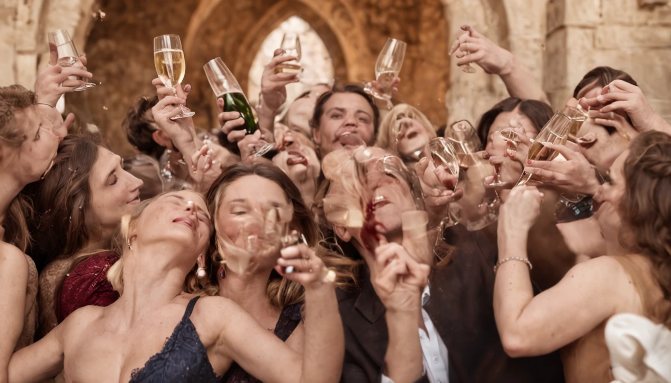 A bustling madhouse filled with people joyously raising glasses and popping open bottles of champagne.