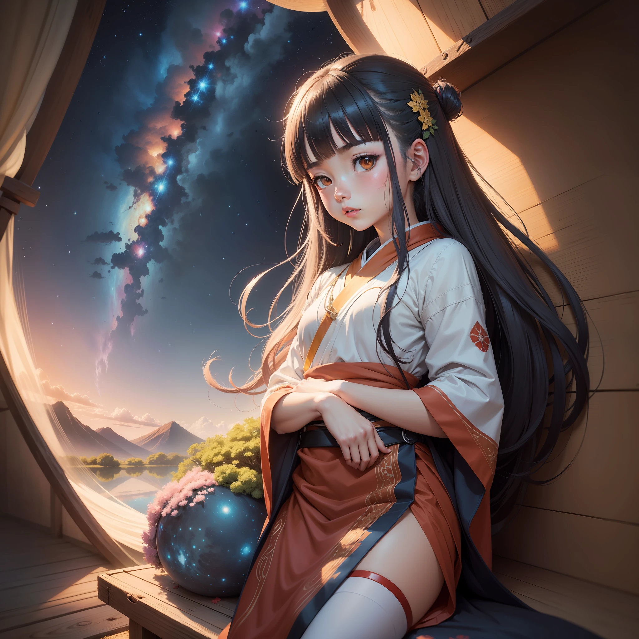 Detalhes intrincados da pintura das florestas japonesas, por Range Murata, galaxy in background, nuvem, Cores vivas, alto contraste, montanha, arte da linha vetorial, Destaques Laranja, trending on pixiv, Anime Concept Art, Stick, Tapete, alta qualidade, Borda a Borda, Sanskrit
