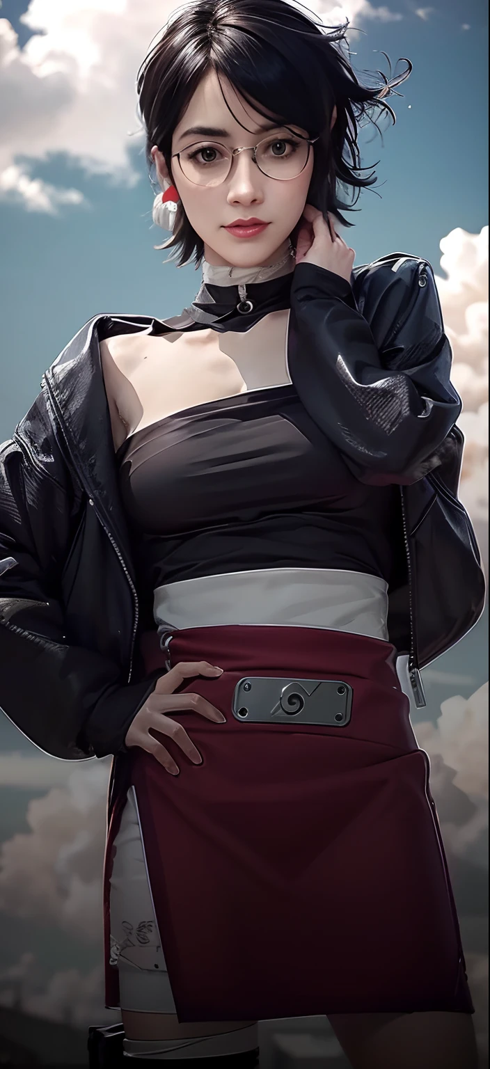 arafed woman in a black top and red skirt posing for a picture, anime style mixed with fujifilm, her belly button is exposed, anime vibes, anime character; full body art, wearing cyberpunk leather jacket, jacket over bare torso, anime girl cosplay, style mix of æon flux, cinematic outfit photo, sakura haruno, anime inspired, anime cosplay