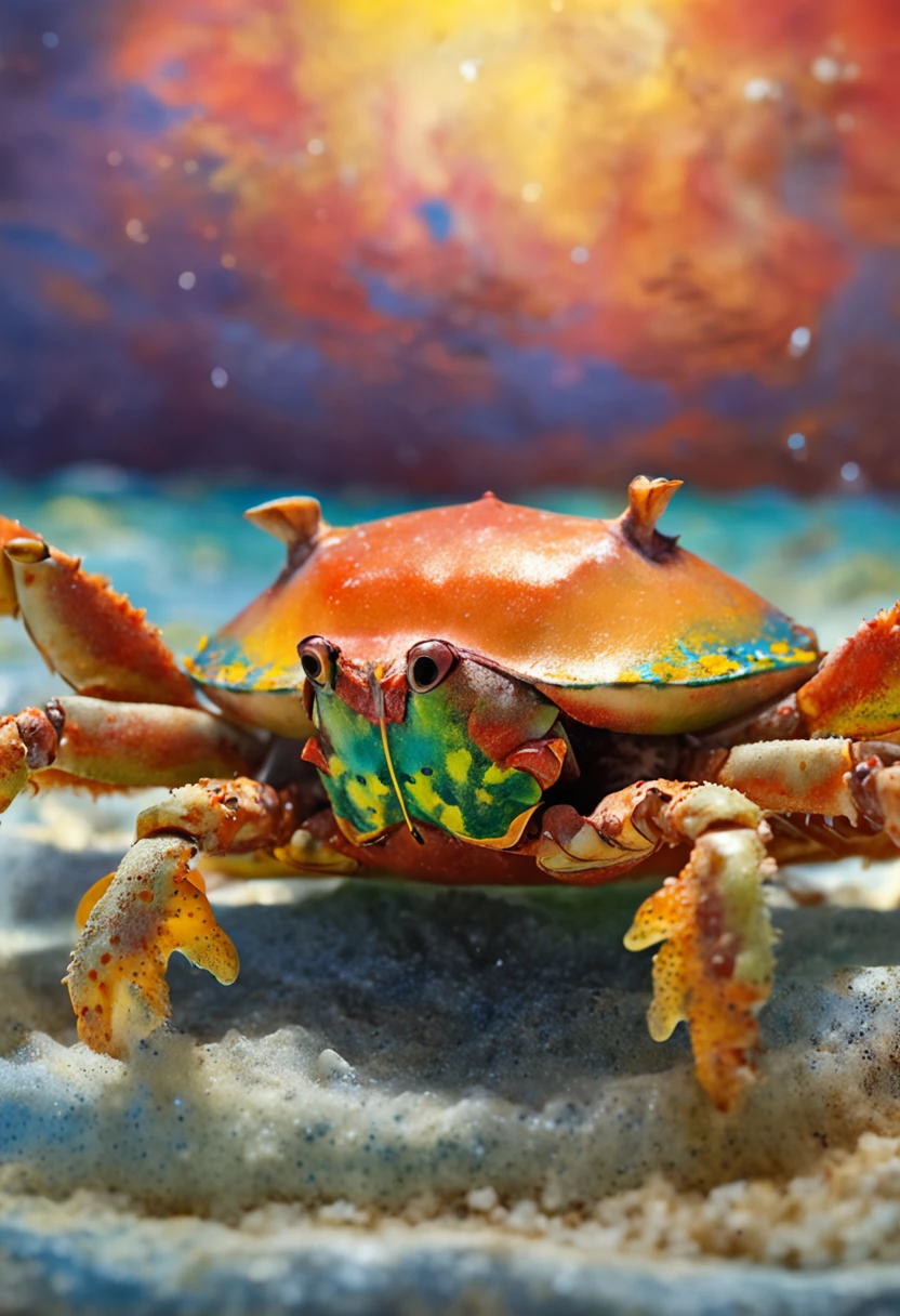 treasure chest, standing on the sand under water, many details, detailed picture, nearby crabs and starfish lie on the sand also under water, the sun's rays illuminate the water with bright tints