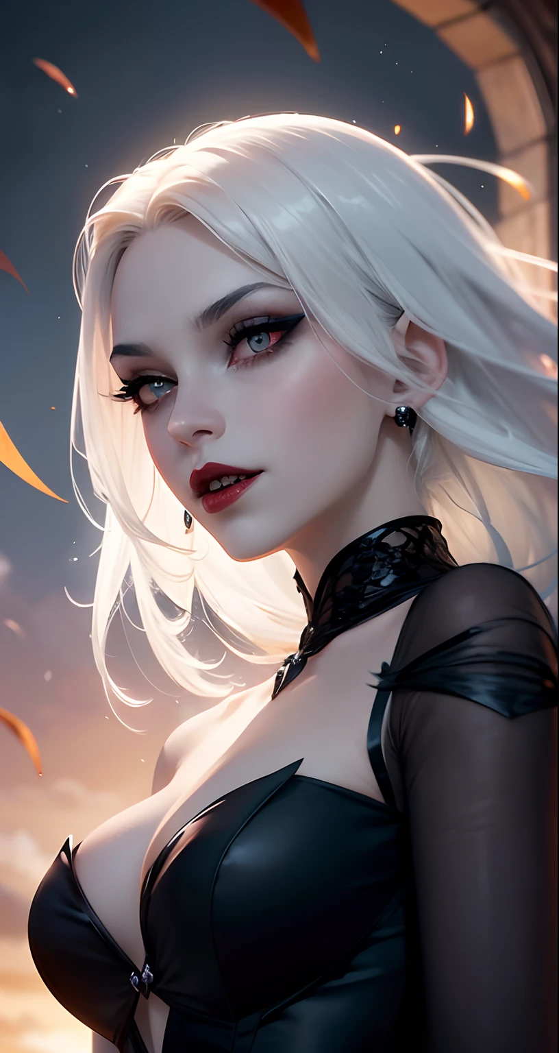 obra-prima, melhor qualidade, filme ainda, 1girl, garota nuvem, floating into the sky, close-up, brilhante, feliz, Soft lighting and Warm, sun sunset, (Sparks: 0,7)androgynous vampire, Goddess of short shoulder-length white hair, No estilo de arte de Bowater, rainha vampira bonita, female disney villain, Beautiful elegant demon queen, rainha feminina vampira bonita, she is the queen of black roses, cabelos brancos carmesim e olhos vermelhos, Lilith