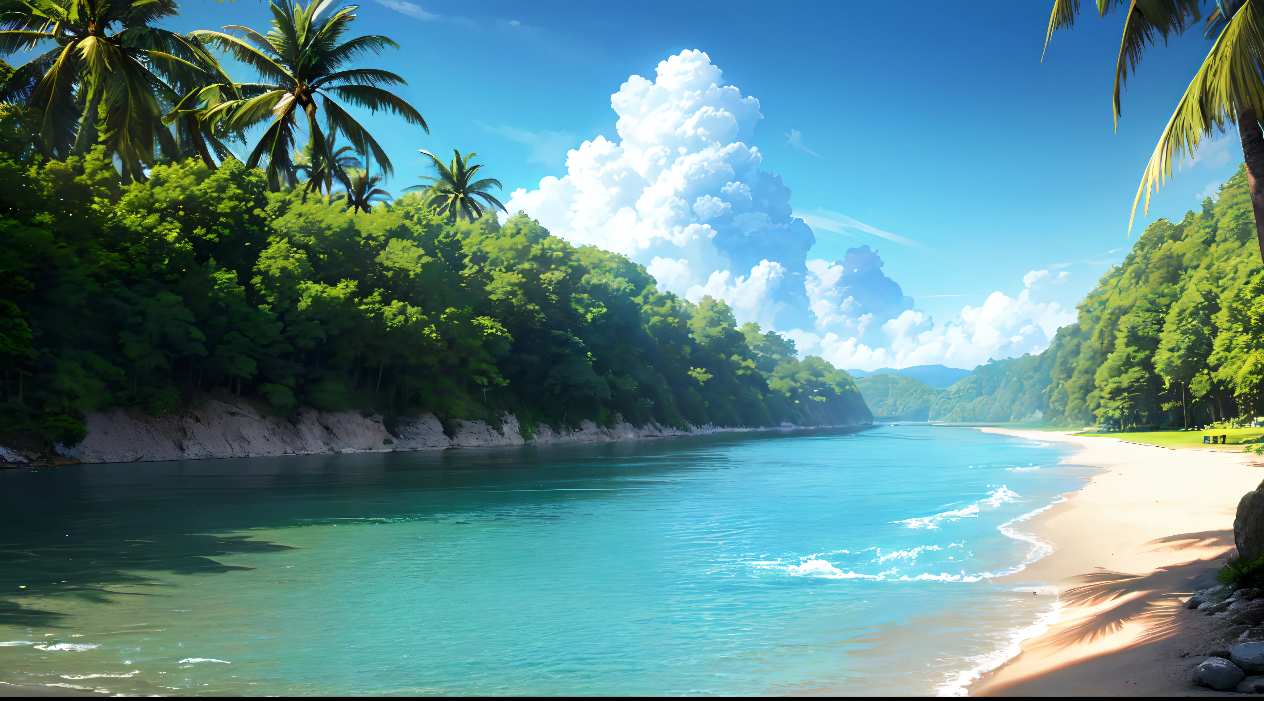 (8K,RAW photos,highest quality, masterpiece,HDR,bloom:1.2),girl,desktop wallpaper,outdoor,cinematic lighting,morning,clouds,Sea,beach,Summer,sky,sun,Coconut tree