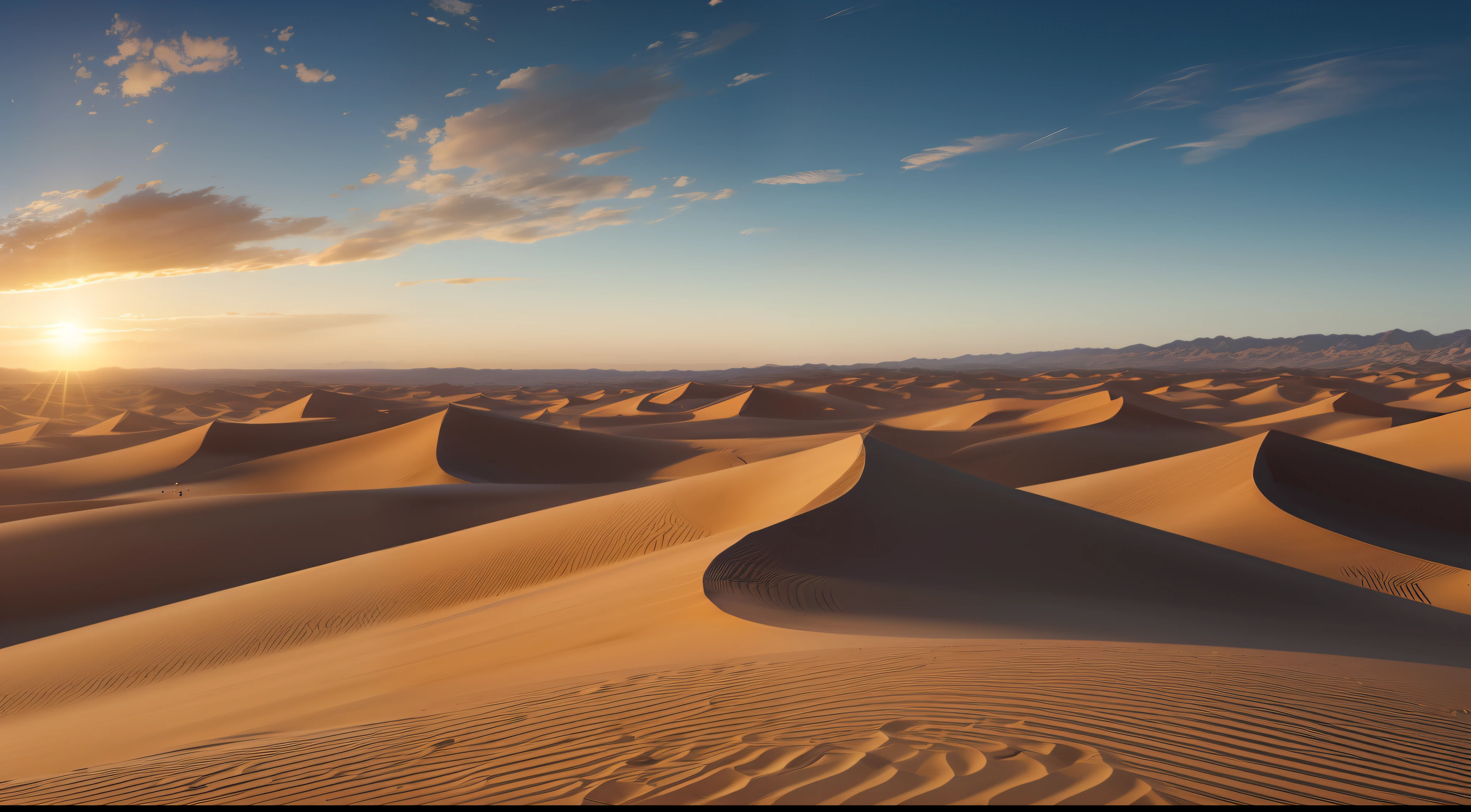 (Ocaso en el desierto, dunas interminables, luces y sombras) ,vista desde un punto alto, se ve un panorama amplio, brillo nocturno, vista lejana, realista, Warm and enveloping light, rico, Colores realistas, hermoso, Expansive photography, , Positive film, estilo naturalista, High Definition Filming,obra maestra, experta, Incredibly detailed, compositing, encuadre, centrada, simetry, pintada, intrincada, volumetric illumination, hermosa, rica obra maestra , foco nítido, ultra detallado, Super renderizado en octanaje renderizado, Renderizado en Cinema 4D, Renderizado en Cinema4D, creado en octane render, Render de octanaje colorido, renderizado en renderizado de octano, global ilumination. VFX, Renderizado en octanaje renderizado 32K, Renderizado en Cinema 4 D Octane, Incredible octane, Oct realista