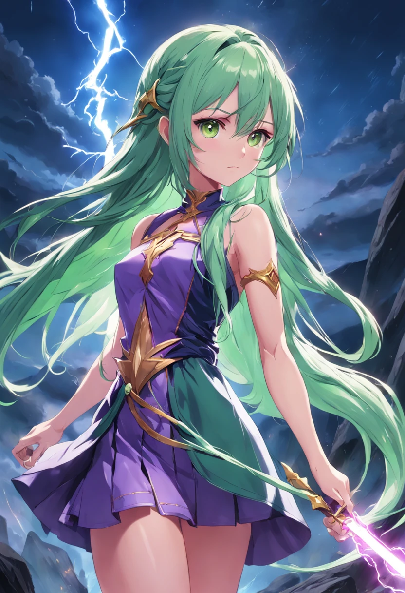 (Masterpiece, Best quality) A girl with light green hair tied into long hair, loose braid. Dressed in purple. She was using lightning magic. Pink and yellow eyes. She stood with a spear in her left hand, Use lightning magic
