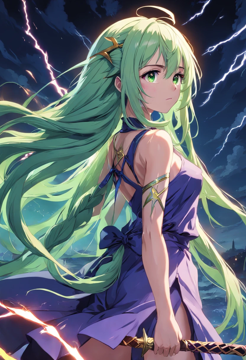 (Masterpiece, Best quality) A girl with light green hair tied into long hair, loose braid. Dressed in purple. She was using lightning magic. Pink and yellow eyes. She stood with a spear in her left hand, Use lightning magic