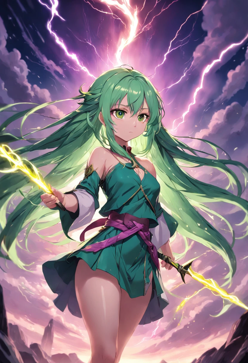 (Masterpiece, Best quality) A girl with light green hair tied into long hair, loose braid. Dressed in purple. She was using lightning magic. Pink and yellow eyes. She stood with a spear in her left hand, Use lightning magic