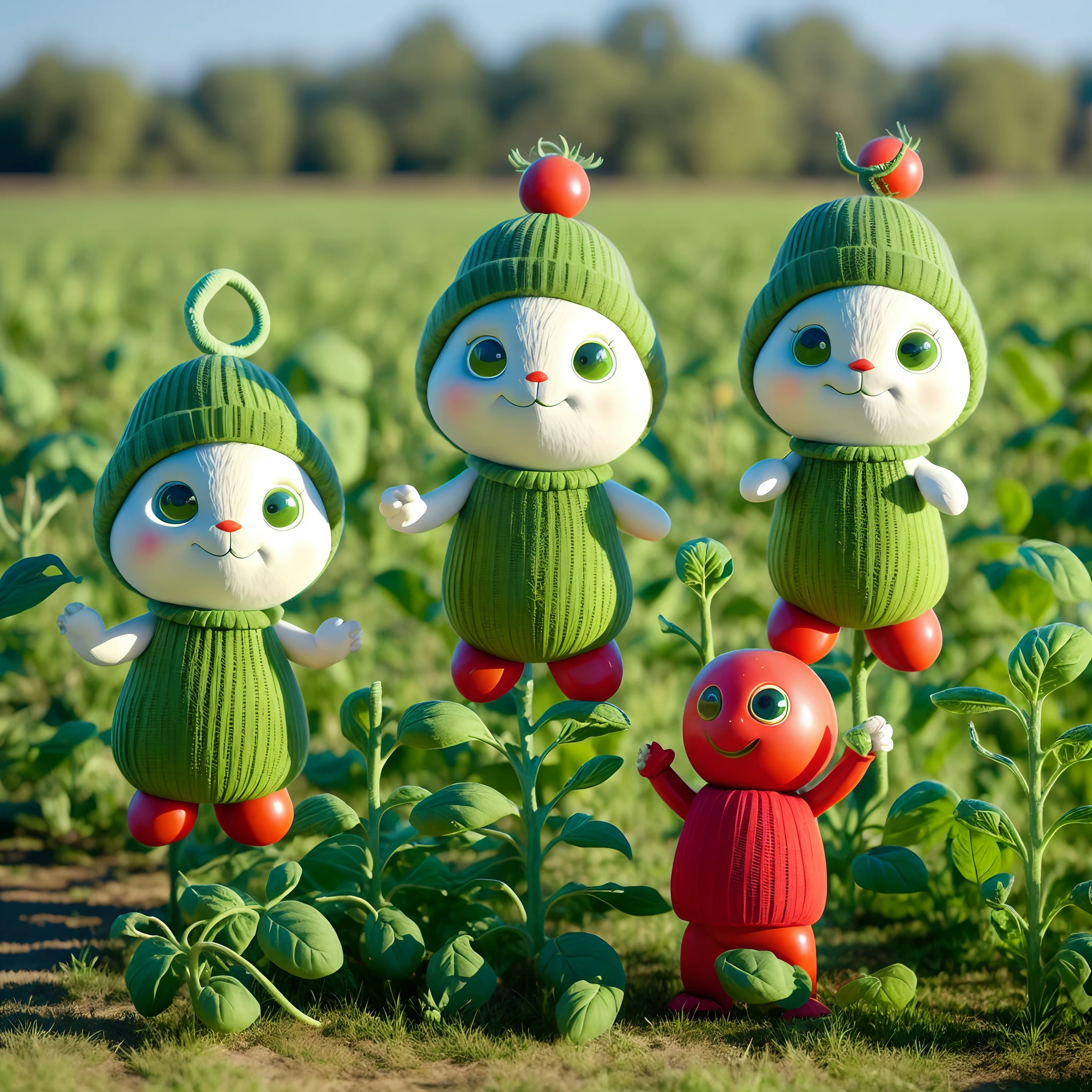 "Anthropomorphized tomato and cucumber with arms and legs, standing at the starting line of a race in a lush green field. Both the tomato and the cucumber are wearing athletic gear, ready to sprint."