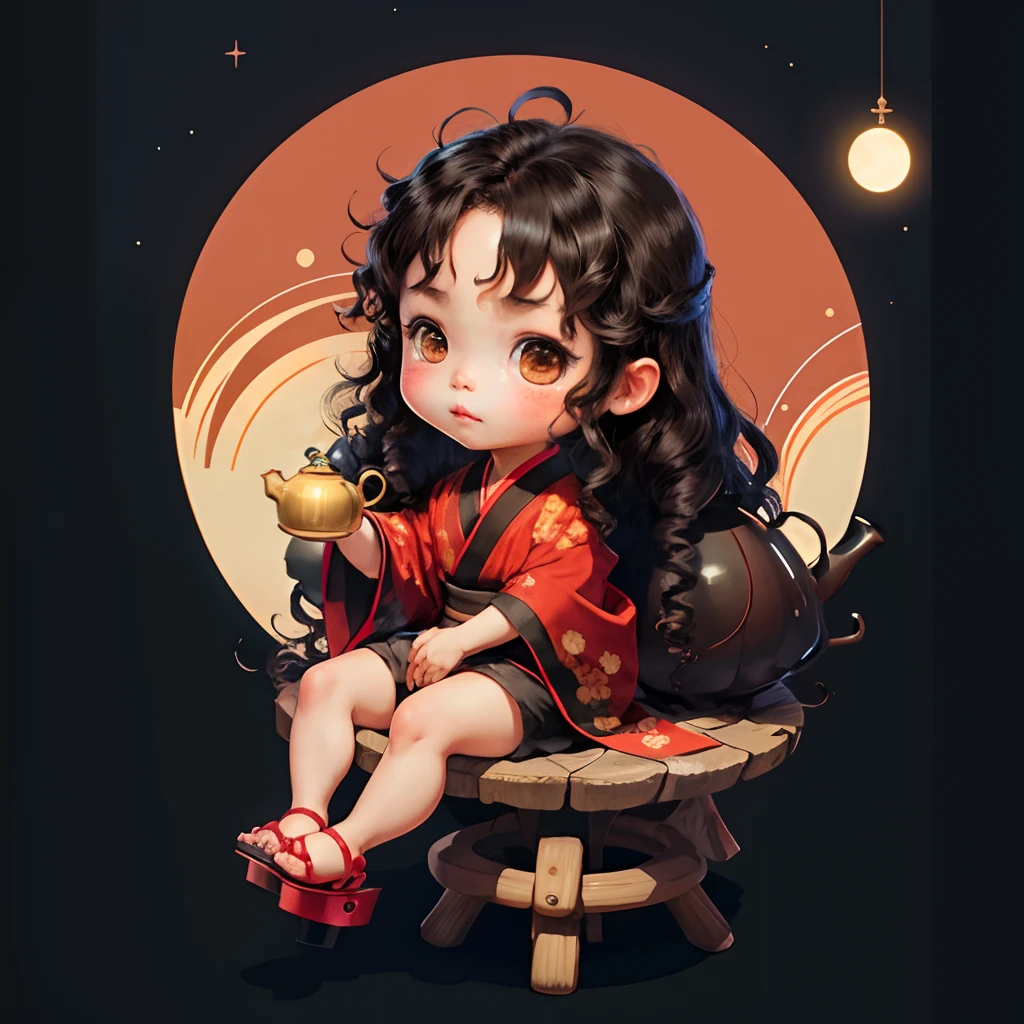 Cute brown baby chibi anime, black and red kimono, sit in the teapot, moon, long black curly hair, clear toes, clear feet, platform sandals, short legs, freckles face