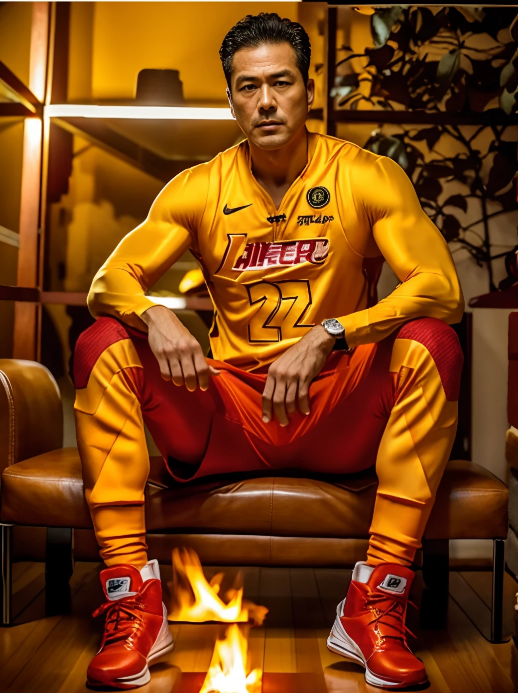50yearsold, Middle-aged handsome man, Japan man，火焰，raging fire，ablaze with intensity，Fire，Flame suit，Chinese man, slicked-back，largeeyes，Fox eyes，Orange flame pattern Nike riding boots muscle, Red oil head, musculature, Long red hair，Red flame pattern Nike 17 suit，Yellow five-pointed star，Business suit，a yellow tie