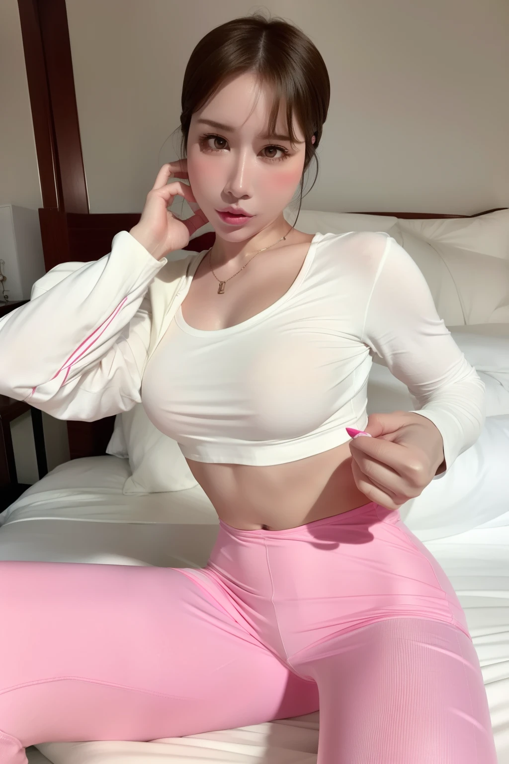1girl,She wears a white shirt and pink pants,crop tops,Wearing pink Nike shoes,age 22,Scary face,adult face,4K style,realisticlying,crowed,Long pink and black hair,yuixin