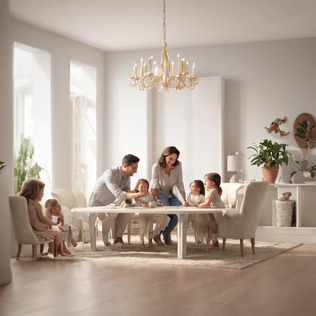 (Professional 3D rendering:1.3) de (Realistic:1.3) foto de arte mais bonita do mundo，soft features, Family playing around the living room table, ((happy family, bem conectada entre si)), (Vibrando, Fotografia realista, Realistic, Dramatic, Escuro, foco nítido, 8k), (intrincado:1.4), decadente, (altamente detalhado:1.4), Pintura digital, rendering by octane, art stations, conceito-arte, liso, foco nítido, illustration, germe da arte, (Loish:0.23), Wlop Ilya Kuvshinov, e greg rutkowski e alphonse mucha gracias, (global ilumination, studiolight, light volumetric)