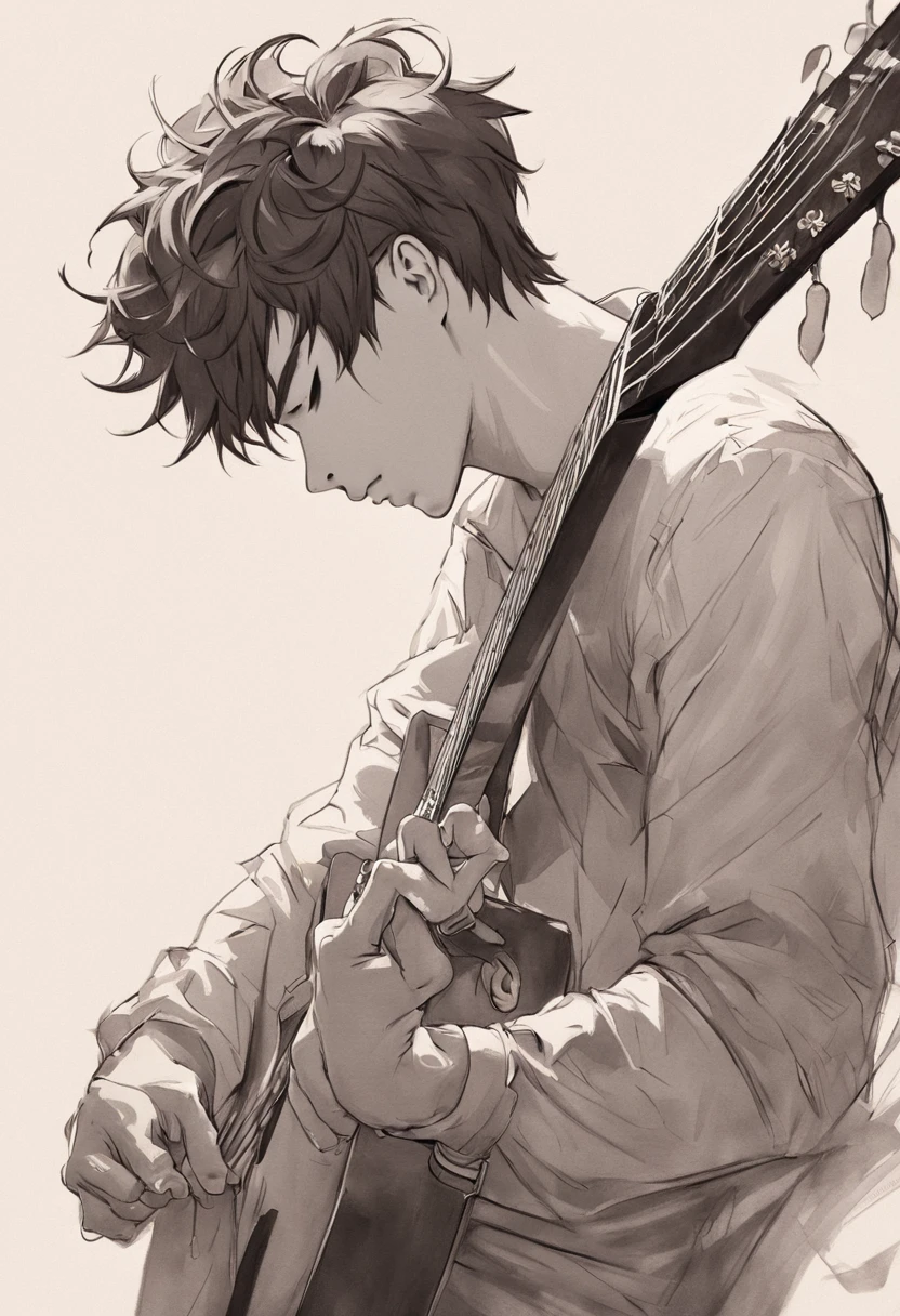 [Em uma folha de papel branco, a realistic portrait of a handsome looking Vintage man playing guitar is drawn with graphite pencils. He's in profile, Looking forward with a serious, concentrated expression. Ele usa um terno preto e uma gravata borboleta. He holds the guitar with both hands..., apoiando-o no peito. A guitarra tem detalhes em ouro e preto. The design is inspired by the style of Will Costa, a Brazilian illustrator who does hyper-realistic work with pencils.]