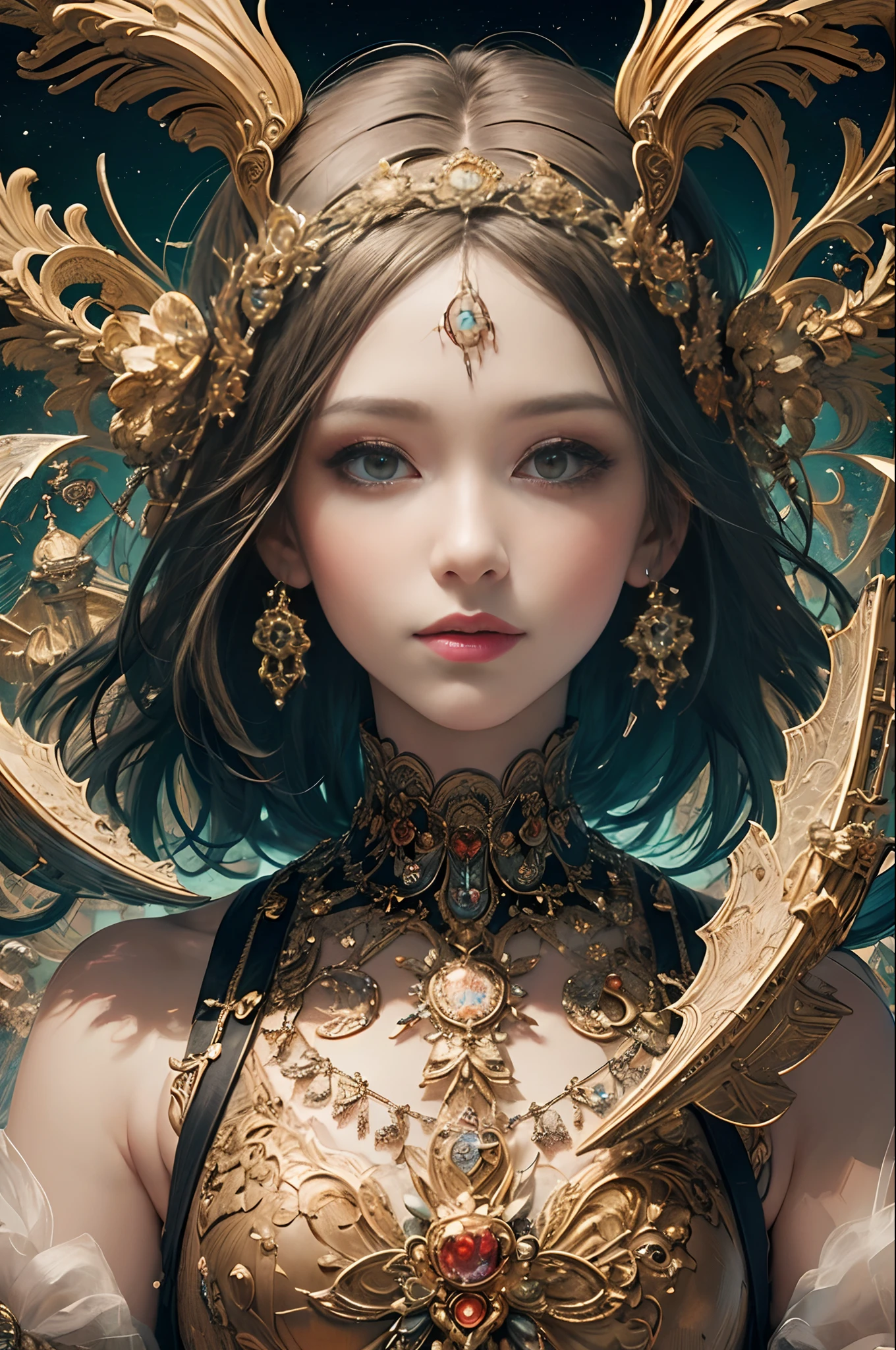 Official Art, Unified 8k Wallpapers, Ultra Detailed, Beautiful and Aesthetic, Masterpiece, Best Quality, (Zentangle, Mandala, Tangled, Entangle), (Fractal Art: 1.3), 1girl, Beautiful Face, Facial Detail, Very Detailed, Dynamic Angle, Cowboyshot, Most Beautiful Forms Chaotic, Elegant, Fauvist Design, Bright Colors, Romanticism, James Jean, Robbie Devi Antono, Ross Tran, Francis Bacon, Michal Mraz, Adrian Gaini, Petra Cortwright, Gerhard Richter, Takashito Yamamoto, Ashley Wood, atmospheric, ecstatic notes, flow notes visible