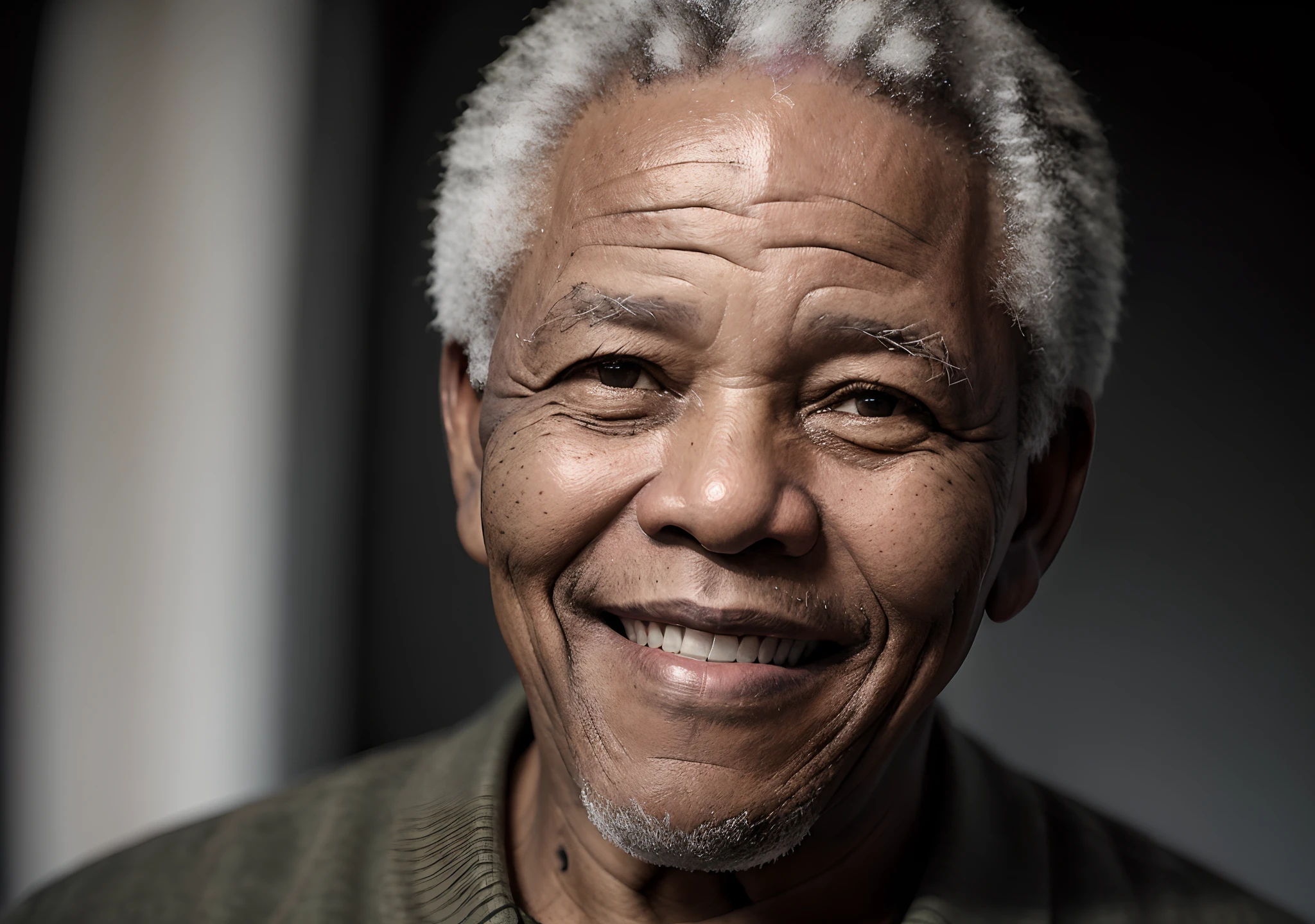 Nelson mandela sorrindo (obra-prima, fotorrealista, raw,:1.4), (extremamente complexo:1.2), close-up, cinematiclight, side-lighting, ultra high-resolution, melhor sombra, RAW, parte superior do corpo, velho, wearing pullover,