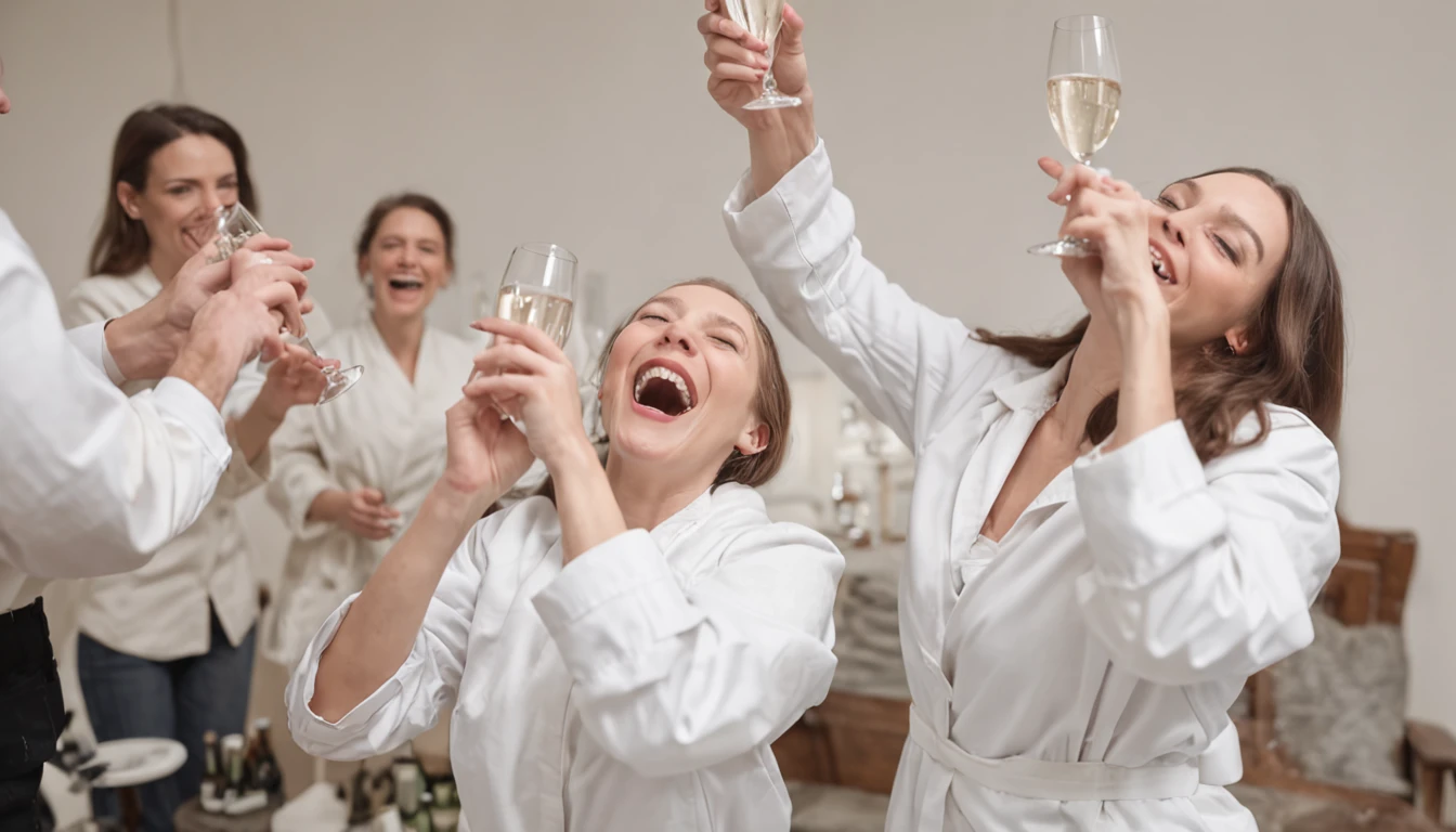 (A lively mental institution with ecstatic patients in straitjackets cheerfully toasting with glasses and popping open champagne bottles.)