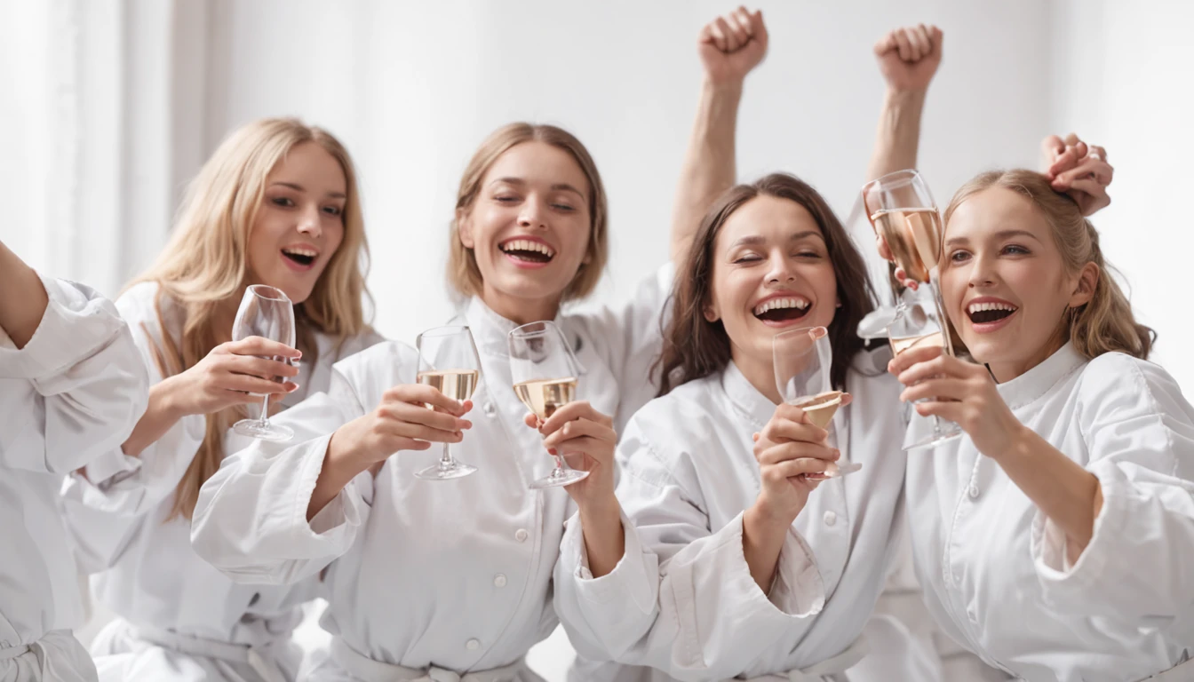 (A lively mental institution with ecstatic patients in straitjackets cheerfully toasting with glasses and popping open champagne bottles.)