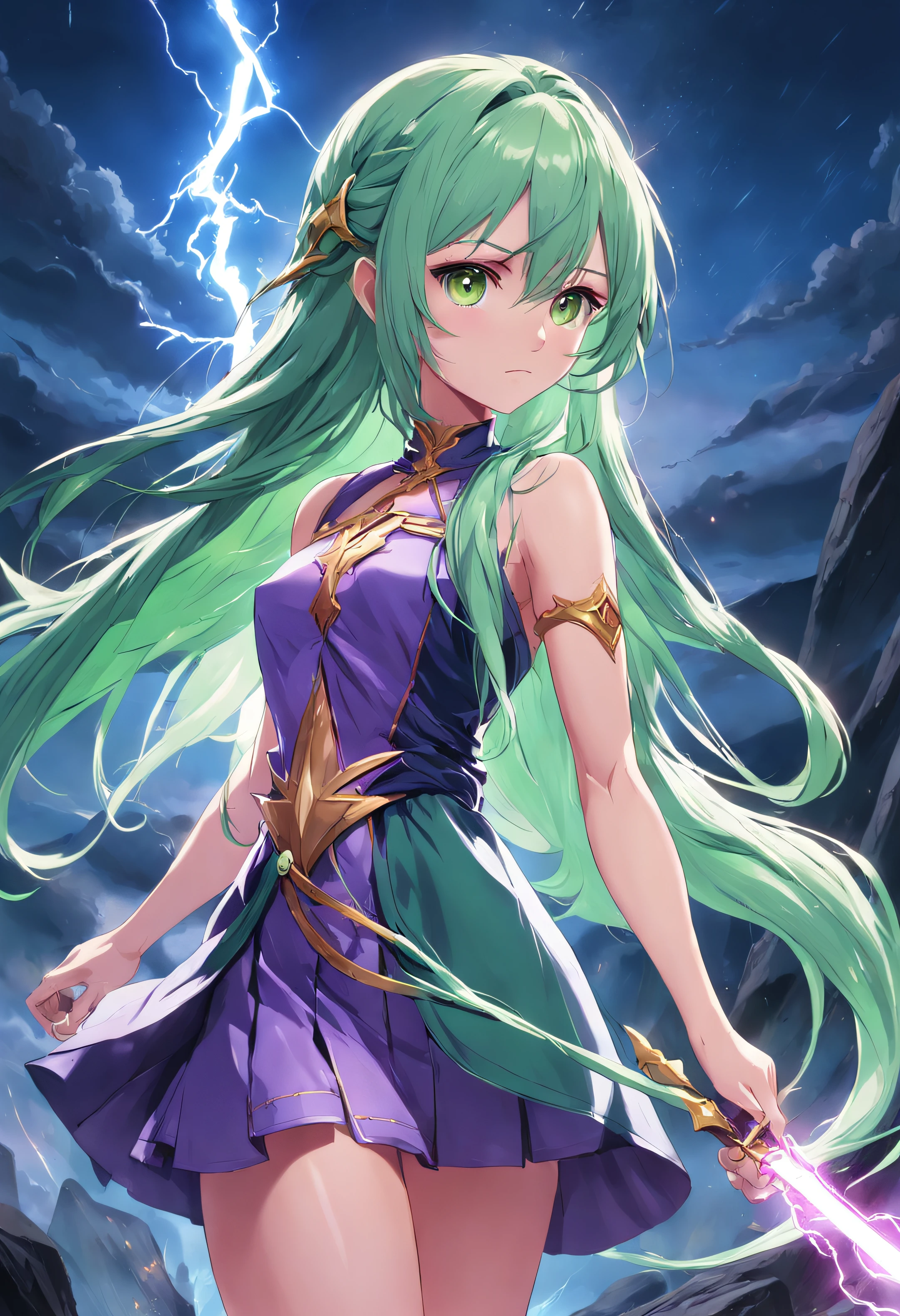 (Masterpiece, Best quality) A girl with light green hair tied into long hair, loose braid. Dressed in purple. She was using lightning magic. Pink and yellow eyes. She stood with a spear in her left hand, Use lightning magic