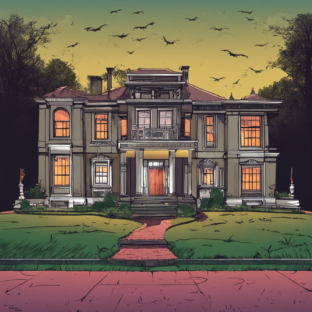 Create a captivating image showcasing the house from a slightly lower angle, capturing it in a wide panel. Two imposing columns support the roof above the main entrance, framing a pair of sturdy doors with a bat-shaped clapper. The windows of the house are tightly shut and securely boarded up, adding an air of mystery. In the foreground, a meticulously maintained lawn provides a sharp contrast to the darkening sky as the sun sets, casting a warm, fading light over the scene.