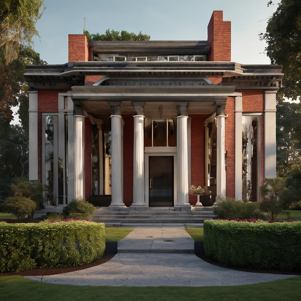 Create a captivating image showcasing the house from a slightly lower angle, capturing it in a wide panel. Two imposing columns support the roof above the main entrance, framing a pair of sturdy doors with a bat-shaped clapper. The windows of the house are tightly shut and securely boarded up, adding an air of mystery. In the foreground, a meticulously maintained lawn provides a sharp contrast to the darkening sky as the sun sets, casting a warm, fading light over the scene.