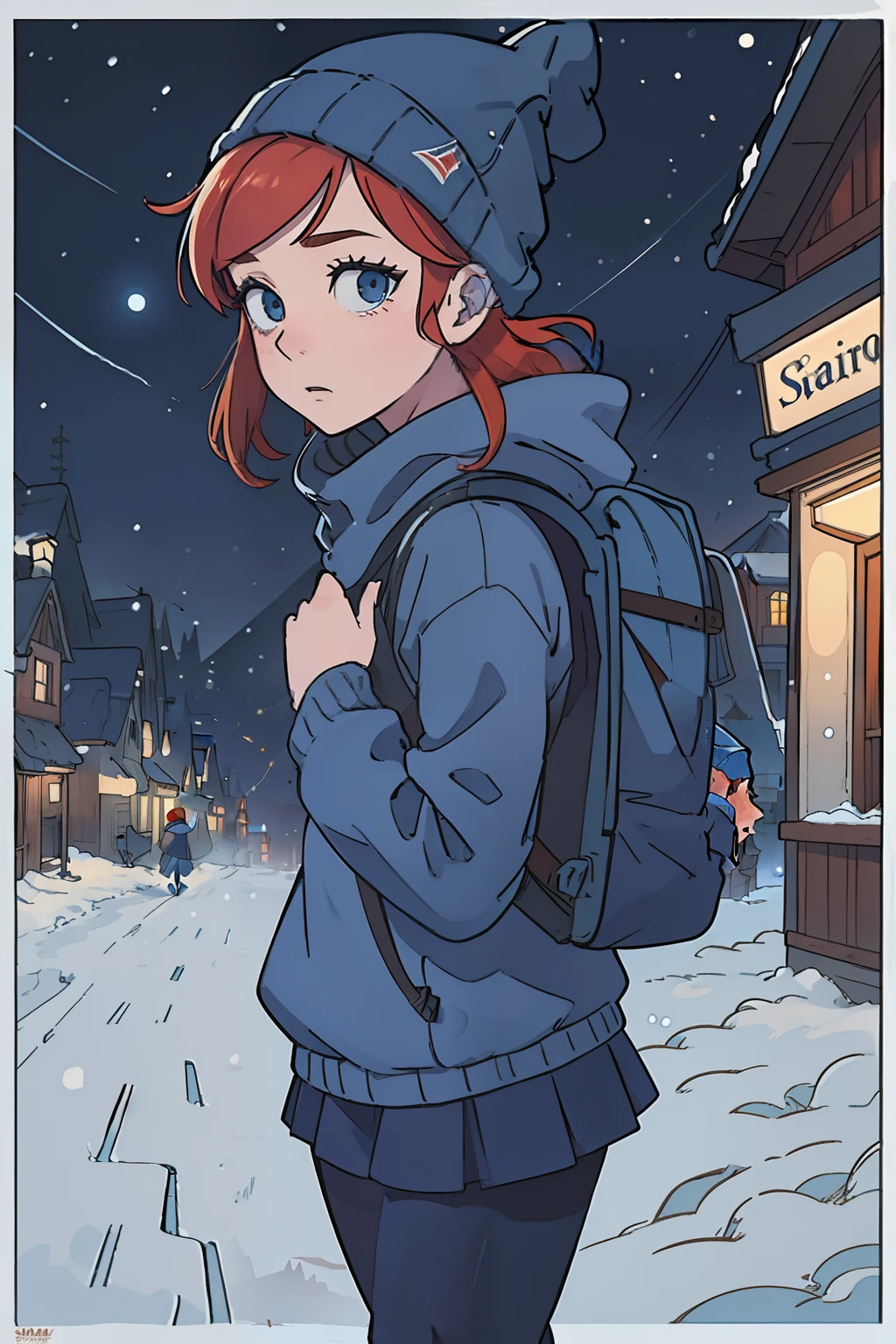 masterpiece, cinematic angle, dynamic framing, poster a wide shot of a beautiful, slim redhead woman wearing a blue sweater, tights, blue beanie and a backpack walking into a small, creepy town at night, weather snowing, snowy, blizzard with scary, dark atmosphere and lot of fog and snowing night time large moon