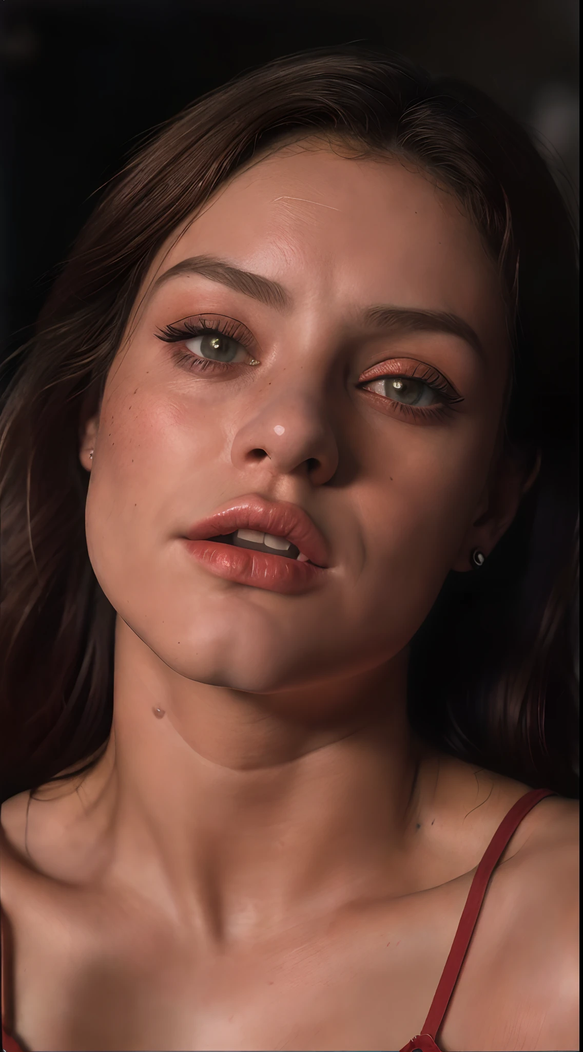 A close up of a woman with a red top and a black background - SeaArt AI