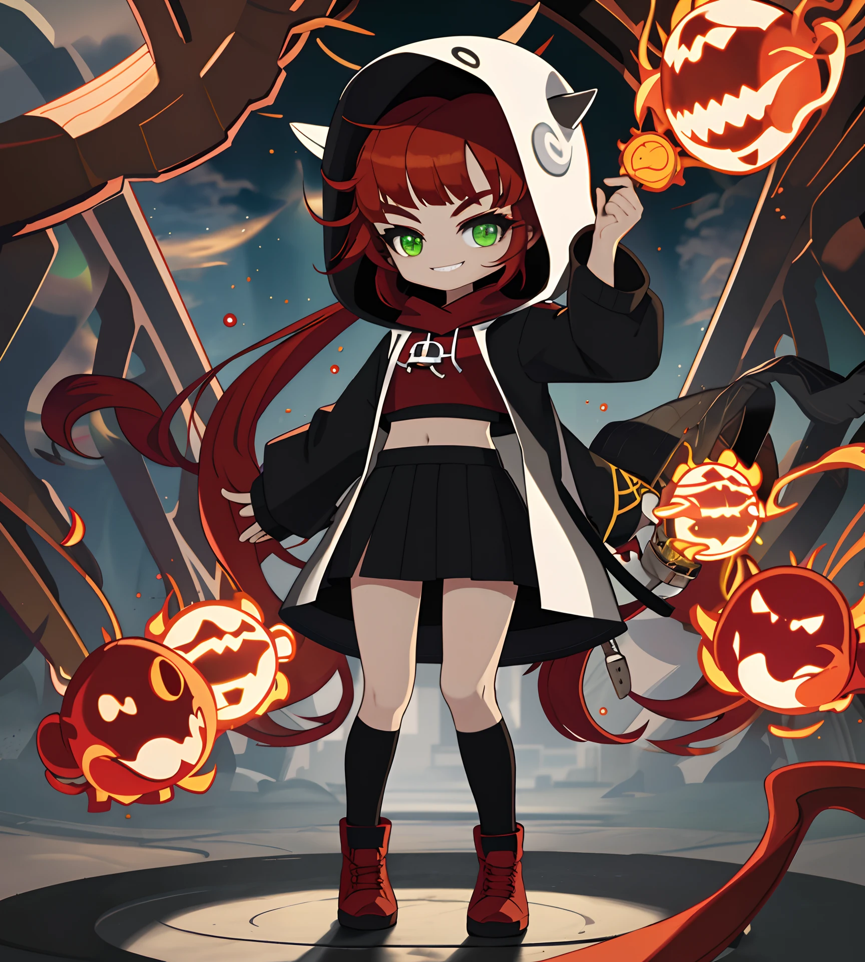 ,8K, 4K,A high resolution, Best quality, Masterpiece,1girll, Fire, fightingpose, Solo, Red hair, Green eyes, Smile, Boots, Holding, Hood, standing on one leg, full bodyesbian, holding staff, Hood up, tchibi, standing, brownfootwear, view the viewer, Long hair, , Miniskirt, Long sleeves, magic, teeth, midriff, Black socks, kneehighs, pyrokinesis, Pedras preciosas, Socks, Leg up, bangs, Red shirt, upper legs, Upper teeth only ,, 8K, 4K, (A high resolution:1.1), Best quality, (Masterpiece:1.3),(NSFW:1.2)