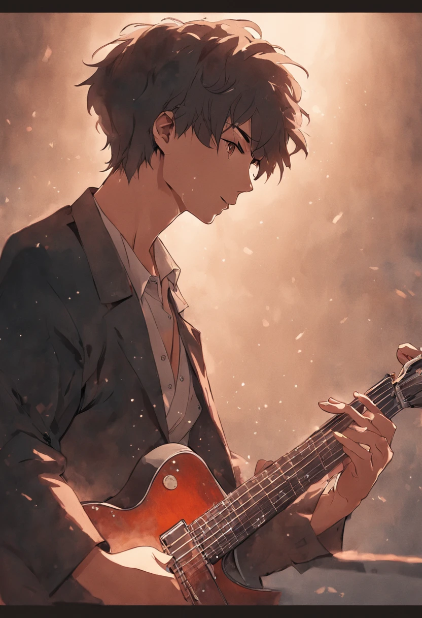 A grainy realistic poor quality picture in the 60s of a handsome looking Vintage man playing guitar.He's in profile, Looking forward with a serious, concentrated expression. He holds the guitar with both hands...