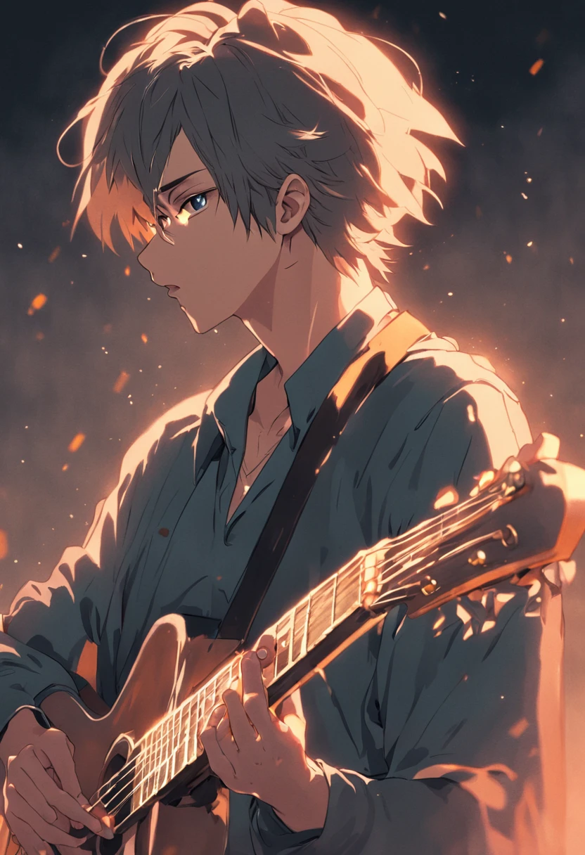 A grainy realistic poor quality picture in the 60s of a handsome looking Vintage man playing guitar.He's in profile, Looking forward with a serious, concentrated expression. He holds the guitar with both hands...
