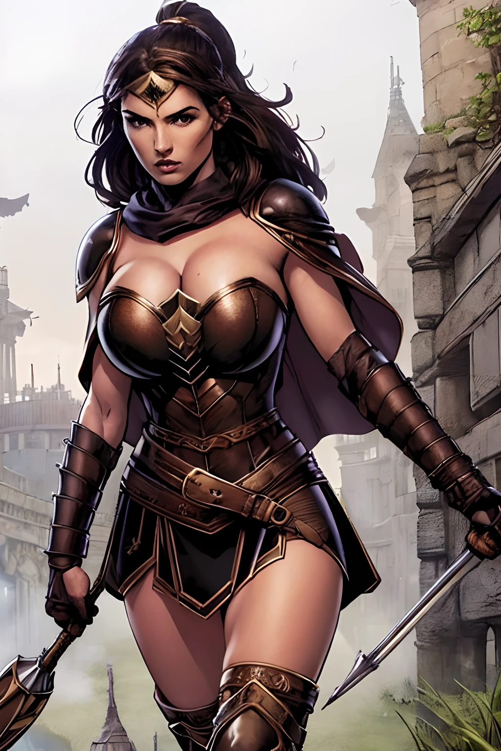 (masterpiece, top quality, best quality, official art, beautiful and aesthetic:1.2), (1girl:1.3), dark brown hair in a huge ponytail, extremely detailed, portrait, looking at viewer, solo, (full body:0.6), detailed background, close up, (hot summer coliseum theme:1.1), human gladiatrix, charlatan, mysterious, walking in forest, revealing bronze gladiator armor, spear and shield, brown leather, cowl, cloak, bracers, armor, gauntlets, helmet, facemask, long boots, buckles, straps, light grey fabric, brown leather, ((gigantic breasts)) cleavage, skindentation, slim waist, slim hips, long legs, medieval (coliseum arena exterior:1.1) background, dark mysterious lighting, shadows, magical atmosphere, dutch angle