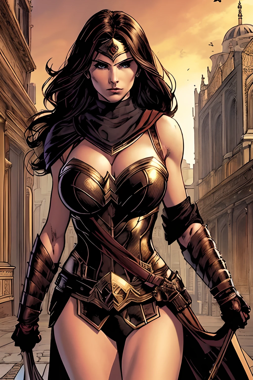 (masterpiece, top quality, best quality, official art, beautiful and aesthetic:1.2), (1girl:1.3), dark brown hair in a huge ponytail, extremely detailed, portrait, looking at viewer, solo, (full body:0.6), detailed background, close up, (hot summer coliseum theme:1.1), human gladiatrix, charlatan, mysterious, walking in forest, revealing bronze gladiator armor, spear and shield, brown leather, cowl, cloak, bracers, armor, gauntlets, helmet, facemask, long boots, buckles, straps, light grey fabric, brown leather, ((gigantic breasts)) cleavage, skindentation, slim waist, slim hips, long legs, medieval (coliseum arena exterior:1.1) background, dark mysterious lighting, shadows, magical atmosphere, dutch angle