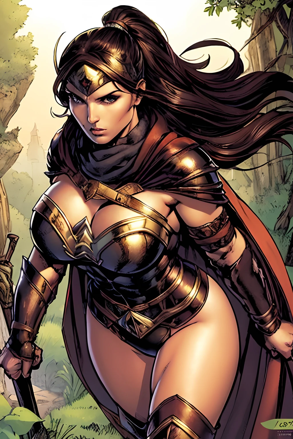 (masterpiece, top quality, best quality, official art, beautiful and aesthetic:1.2), (1girl:1.3), dark brown hair in a huge ponytail, extremely detailed, portrait, looking at viewer, solo, (full body:0.6), detailed background, close up, (hot summer coliseum theme:1.1), human gladiatrix, charlatan, mysterious, walking in forest, revealing bronze gladiator armor, spear and shield, brown leather, cowl, cloak, bracers, armor, gauntlets, helmet, facemask, long boots, buckles, straps, light grey fabric, brown leather, ((gigantic breasts)) cleavage, skindentation, slim waist, slim hips, long legs, medieval (coliseum arena exterior:1.1) background, dark mysterious lighting, shadows, magical atmosphere, dutch angle