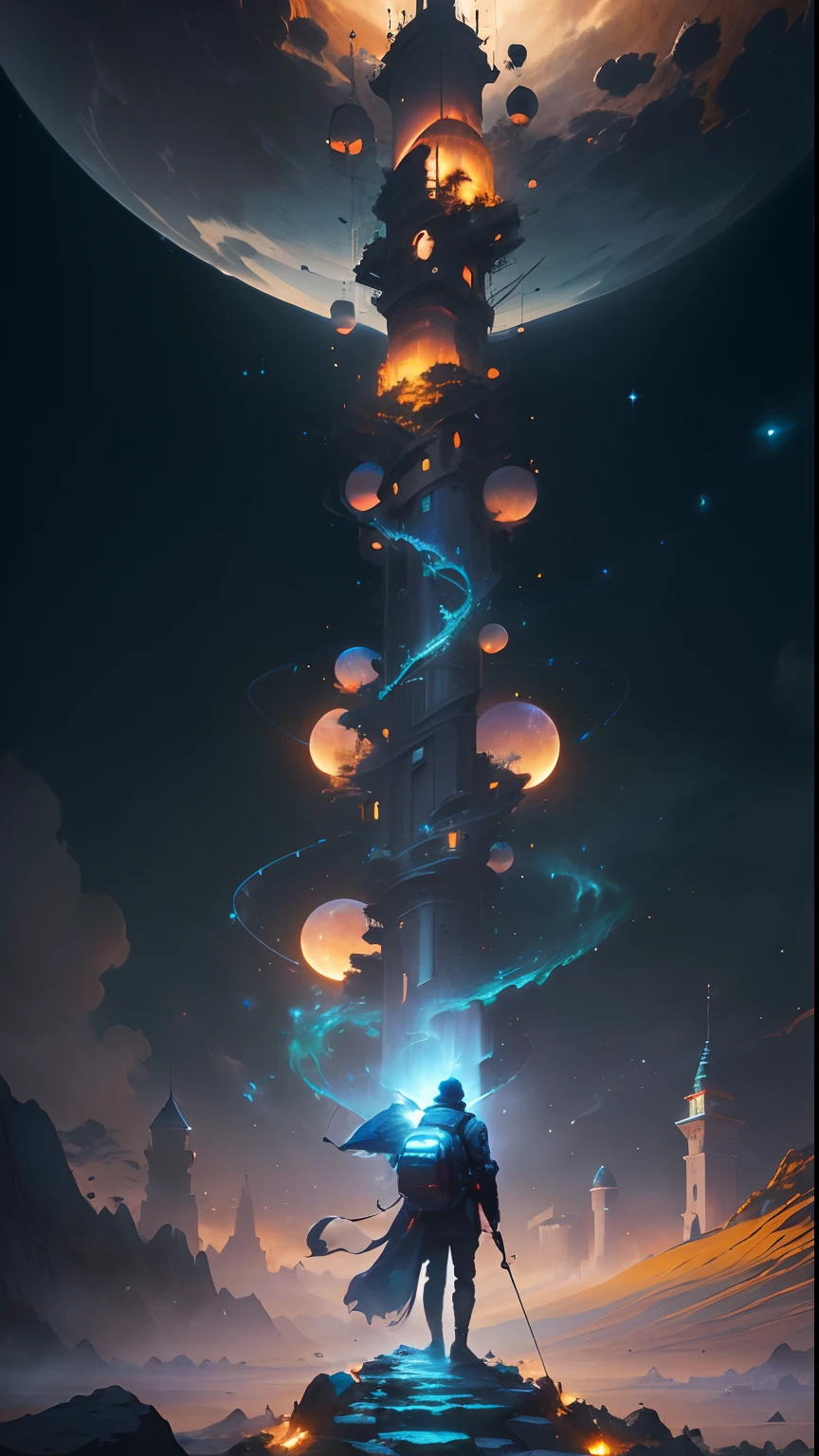 a man standing in a backpack looking at a tall tower, 8k arte impressionante, Arte digital altamente detalhada em 4k, arte do bipe, epic fantasy sci fi illustration, Torre pintada da lua
